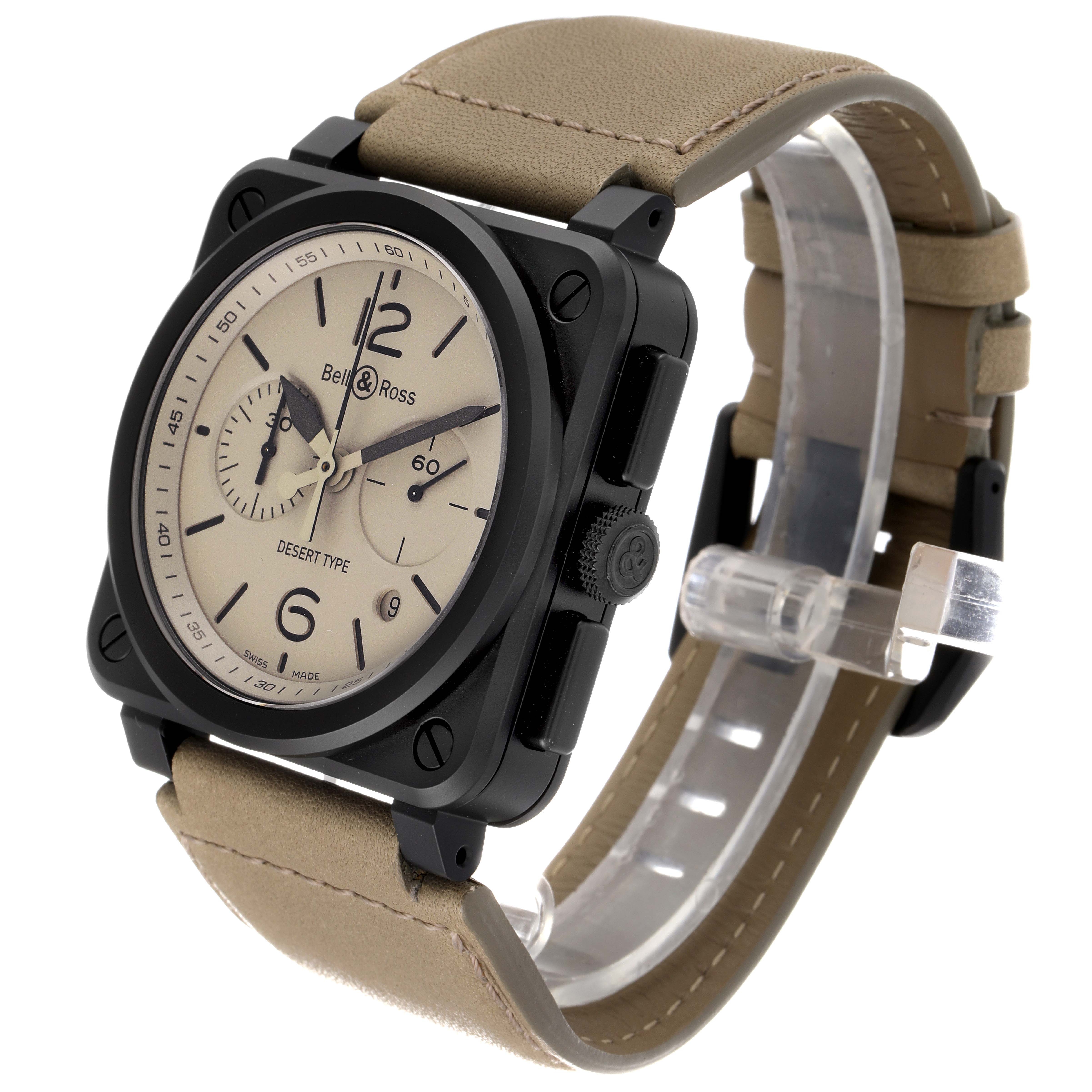 The image shows a side view angle of the Bell & Ross Chronograph watch, highlighting the face, bezel, crown, and leather strap.