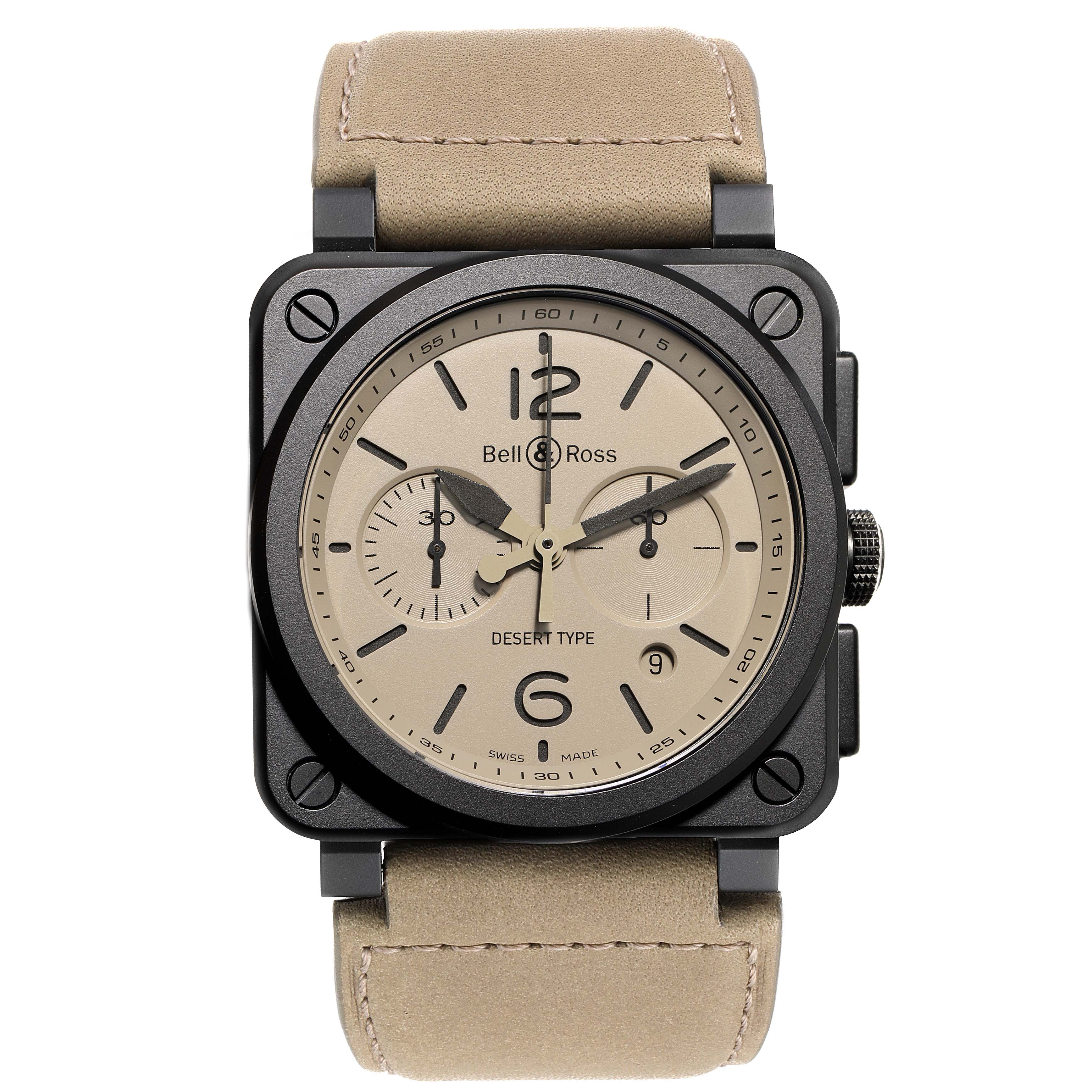 The Bell & Ross Chronograph Desert Type watch is shown from the front, highlighting its square face, tan dial, and beige strap.