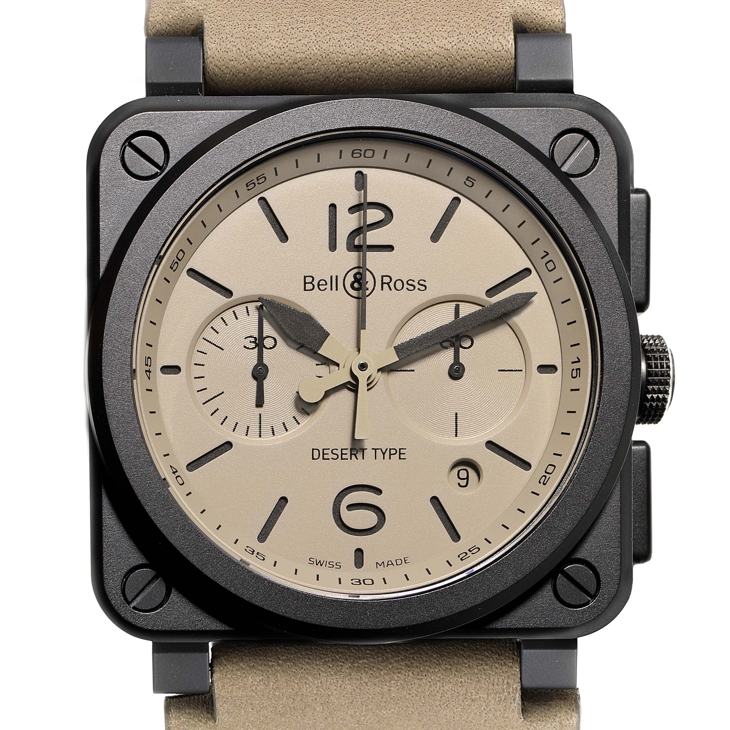 The image shows a front view of the Bell & Ross Instruments BR03-94 Men's Ceramic Beige Dial BR03-94 Men's Ceramic Beige Dial model watch, detailing the face, bezel, and part of the strap.