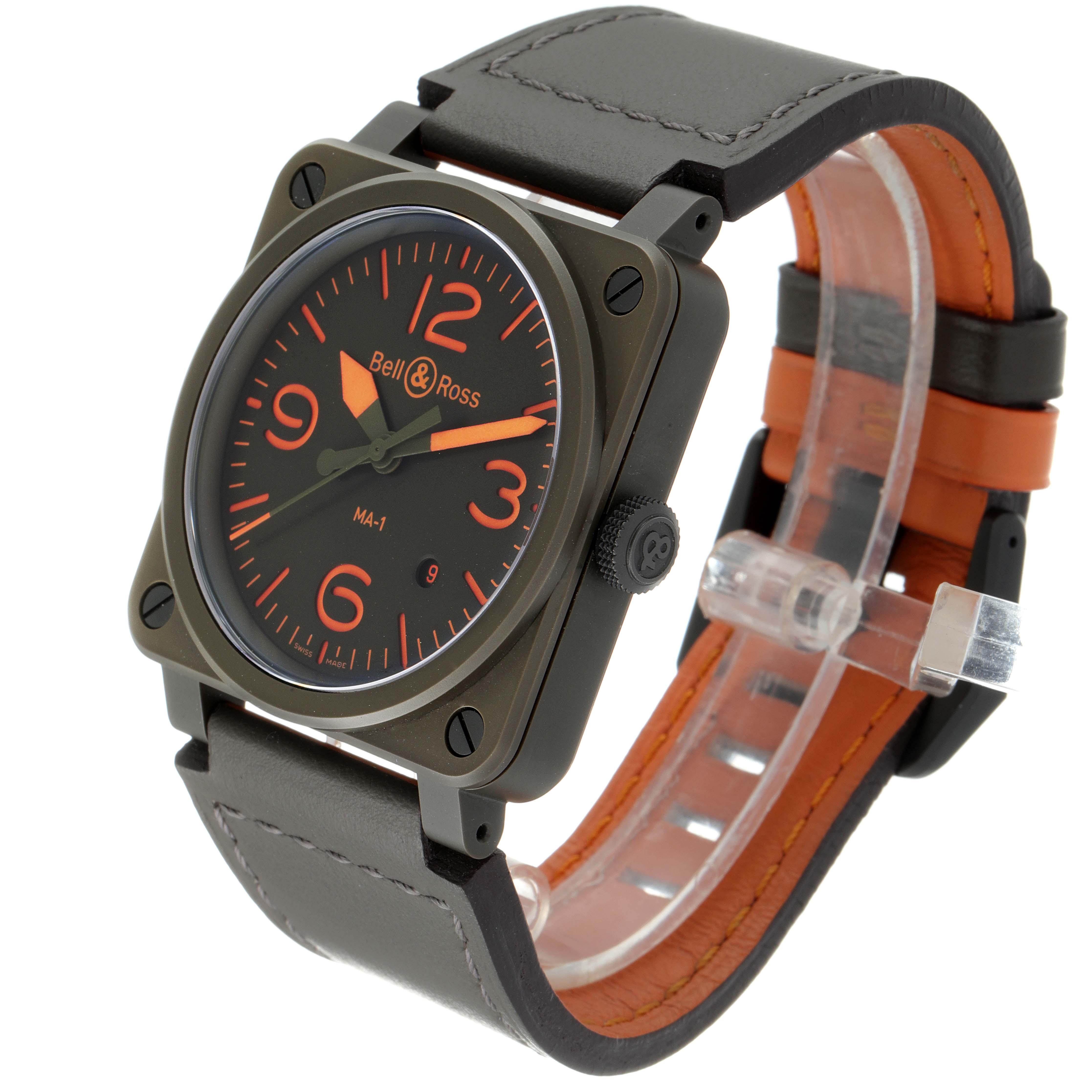 The image shows a Bell & Ross Matte Khaki Dial Automatic Ceramic Men's Watch BR0392 from a three-quarter angle, highlighting its dial, case, and strap.