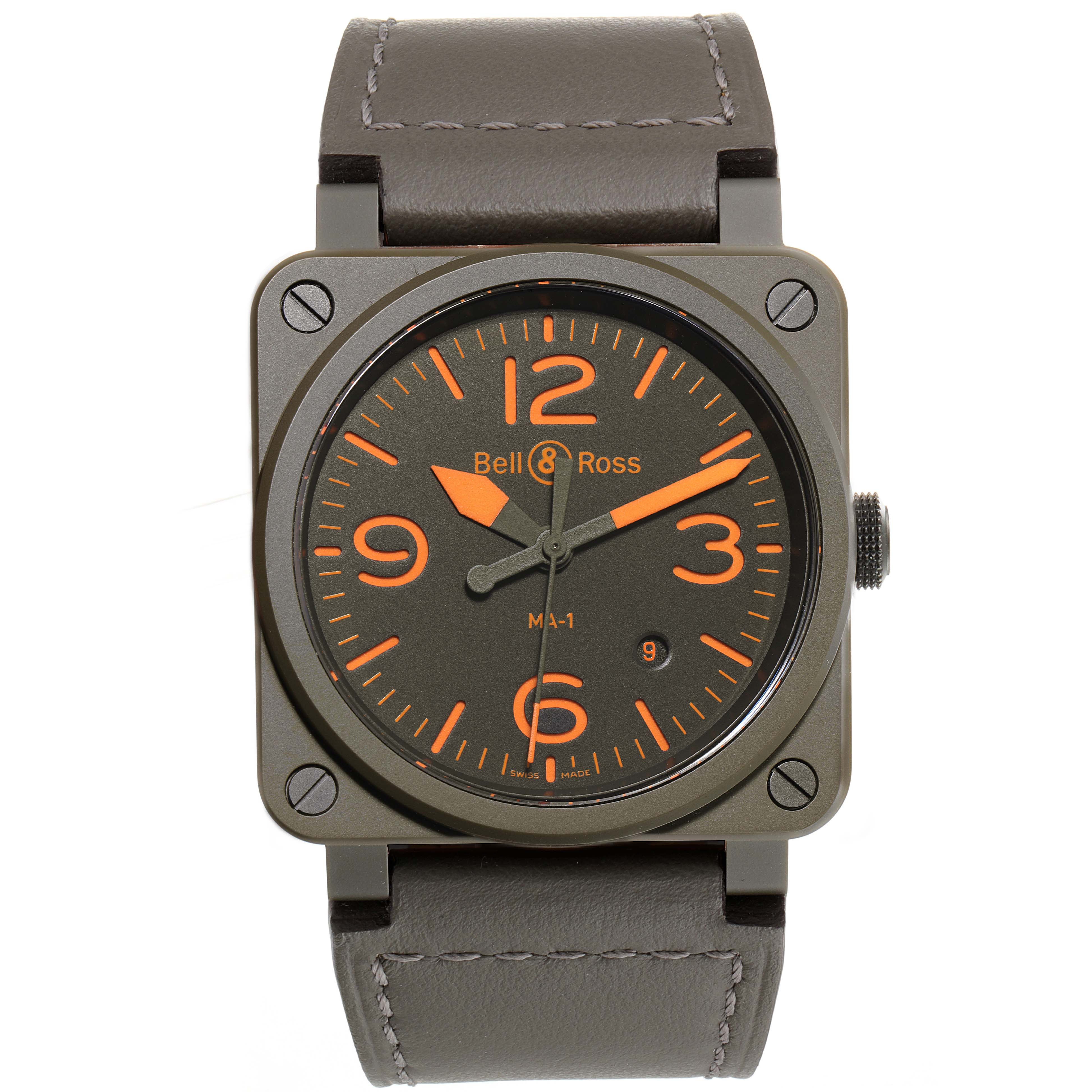 The image shows a front view of the Bell & Ross Matte Khaki Dial Automatic Ceramic Mens Watch BR0392 Unworn model displaying its dial and strap.