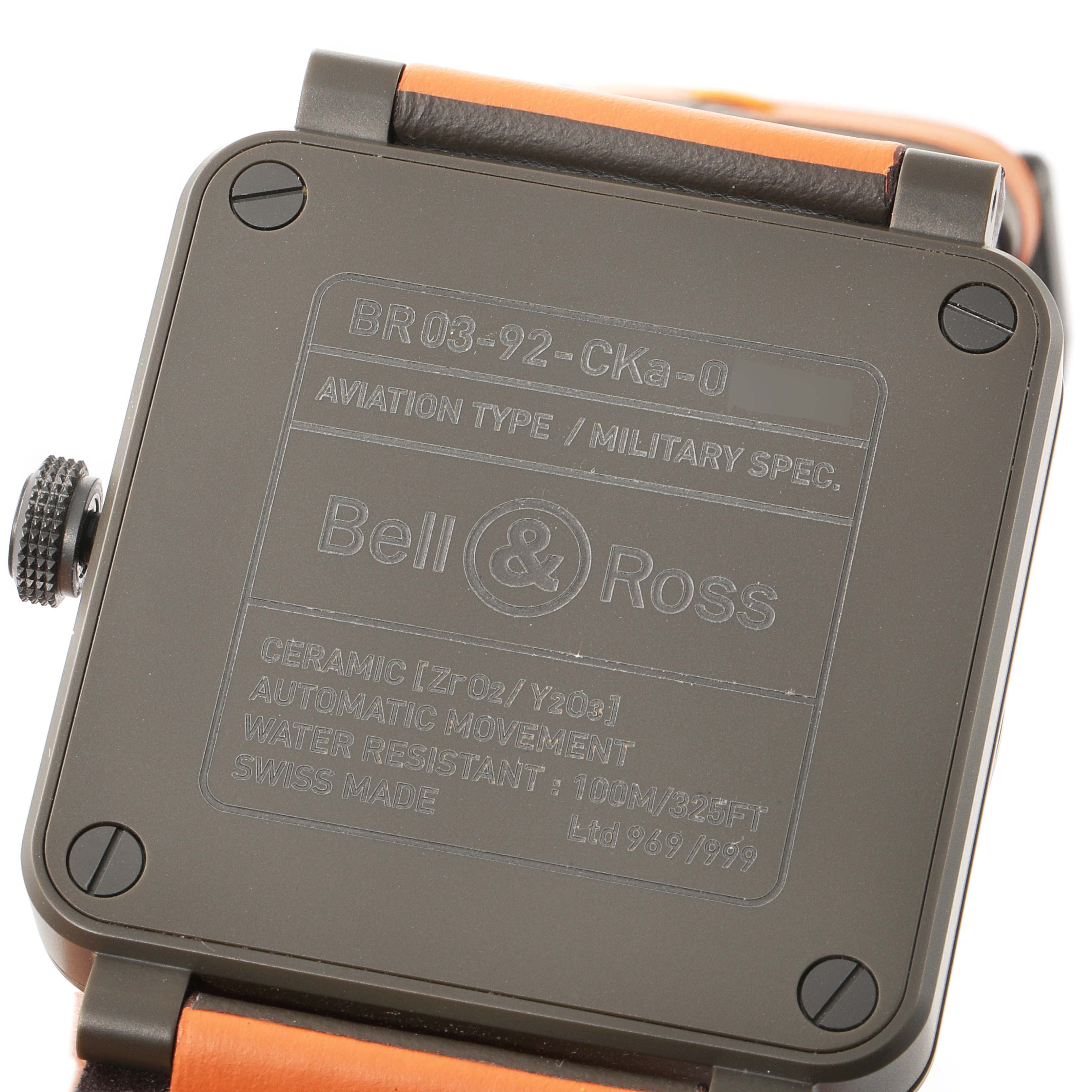 The image shows the back view of the Bell & Ross BR0392 Matte Khaki Dial Automatic Ceramic Men's Watch, highlighting the case back details.