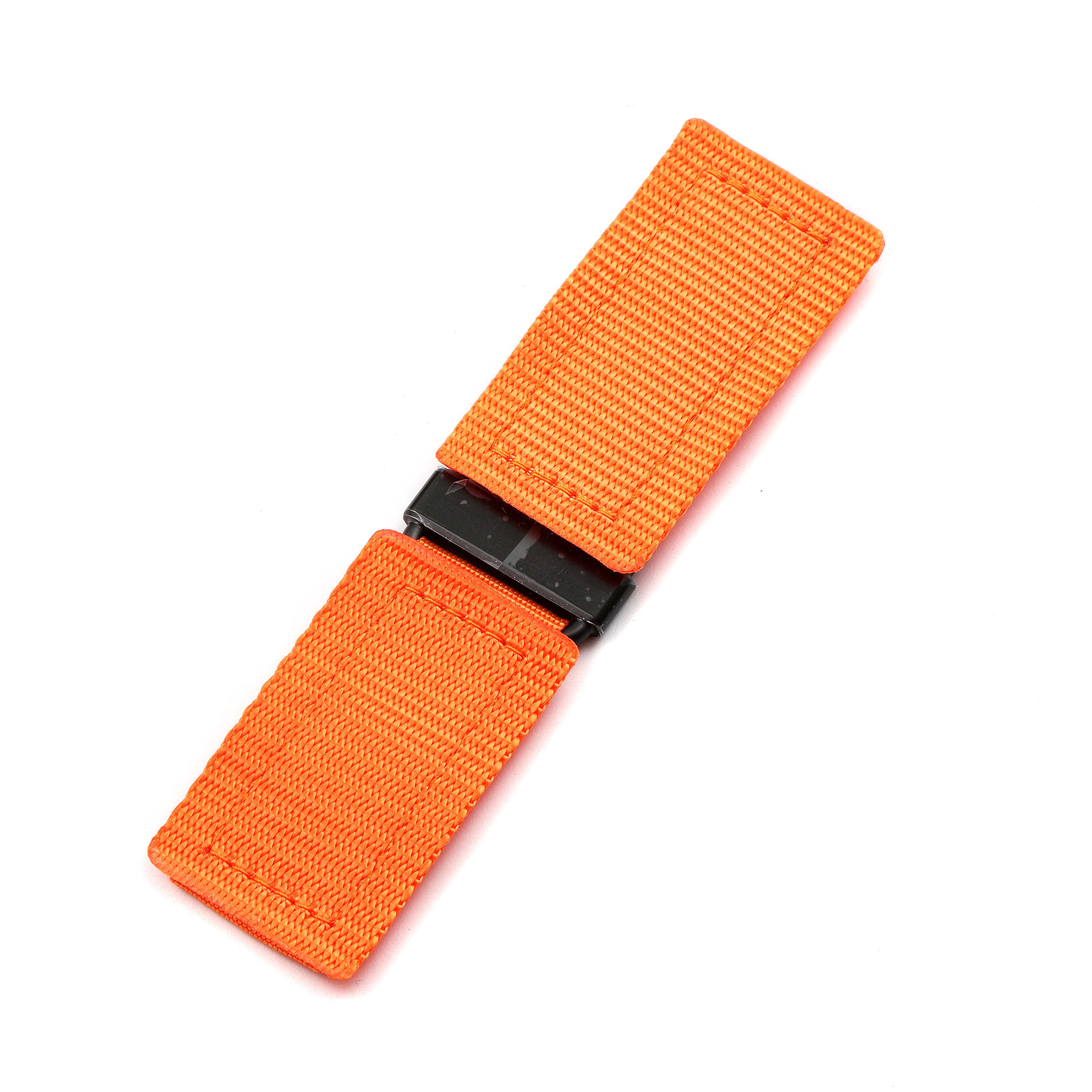 This image shows an orange fabric strap and black clasp for the Bell & Ross Matte Khaki Dial Automatic Ceramic Men's Watch BR0392 Unworn model.