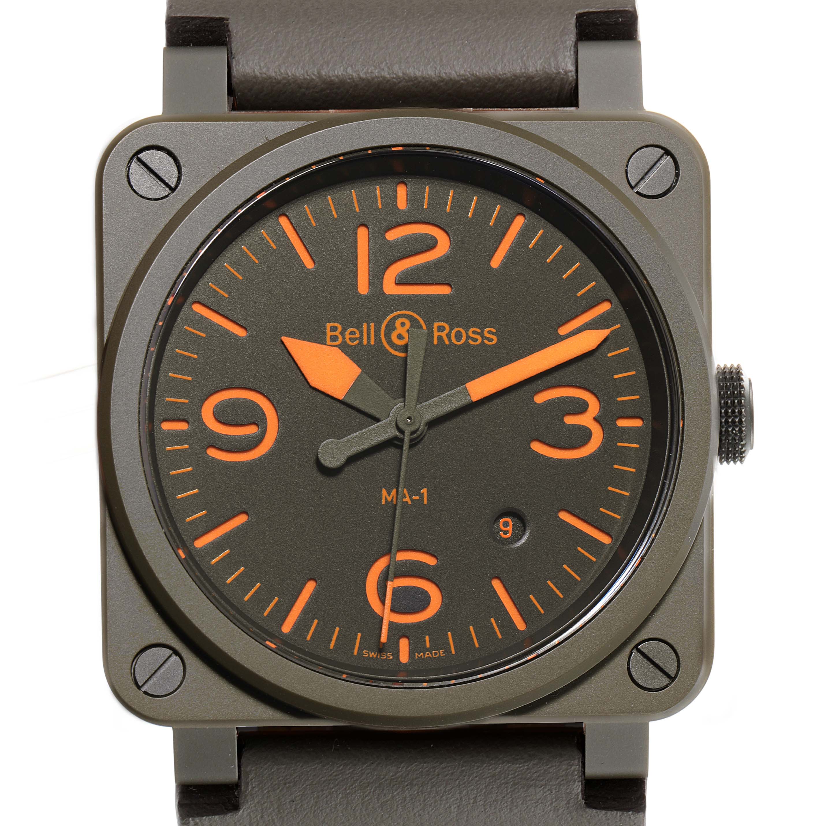 This image shows a front view of the Bell & Ross Instruments BR0392-KAO-CE/SCA MA-1 Men's Ceramic Green Dial BR0392-KAO-CE/SCA MA-1 Men's Ceramic Green Dial model watch, highlighting its face, hands, and casing.