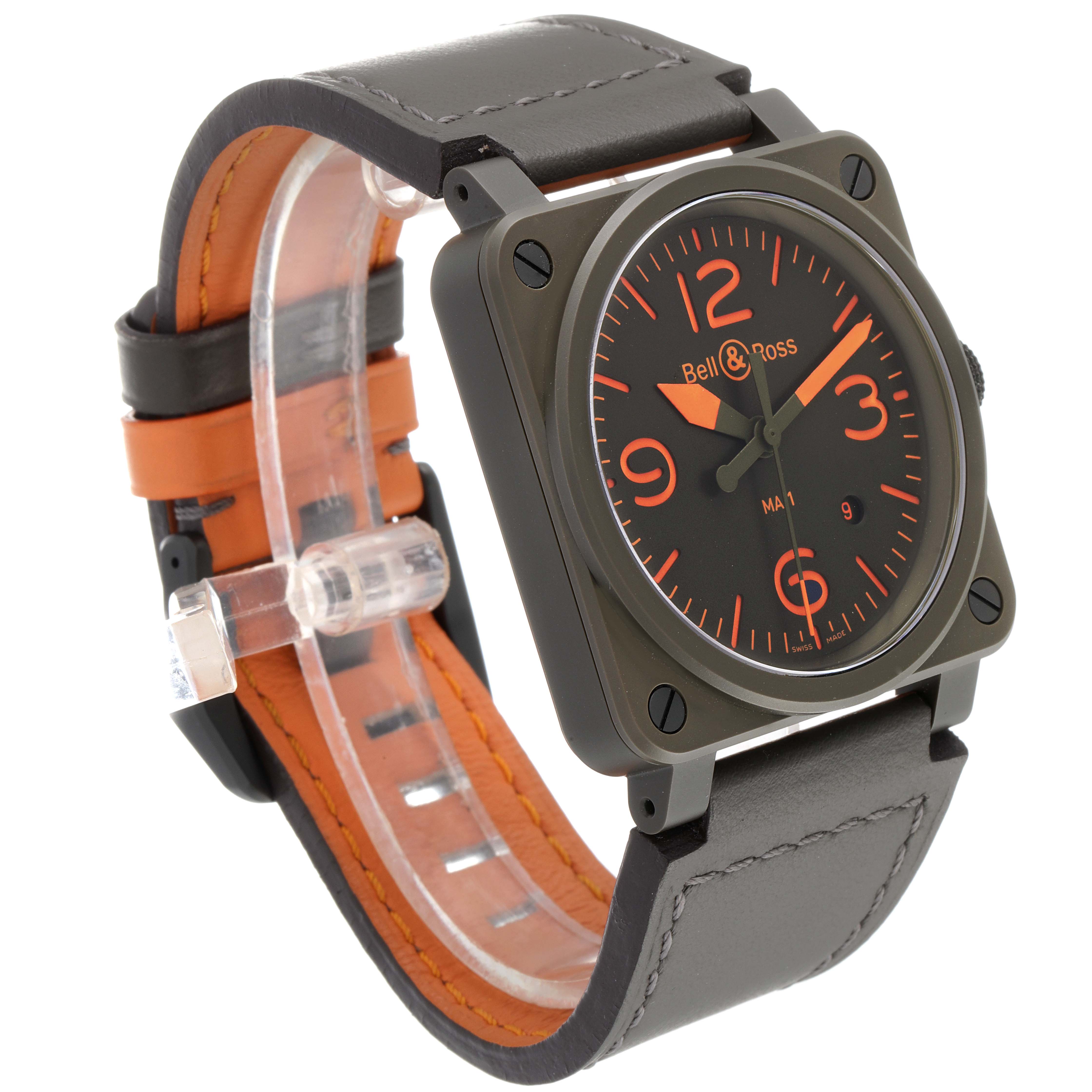 The image shows a Bell & Ross BR0392 Matte Khaki Dial Automatic Ceramic Men's Watch at a slight angle highlighting the dial and strap.