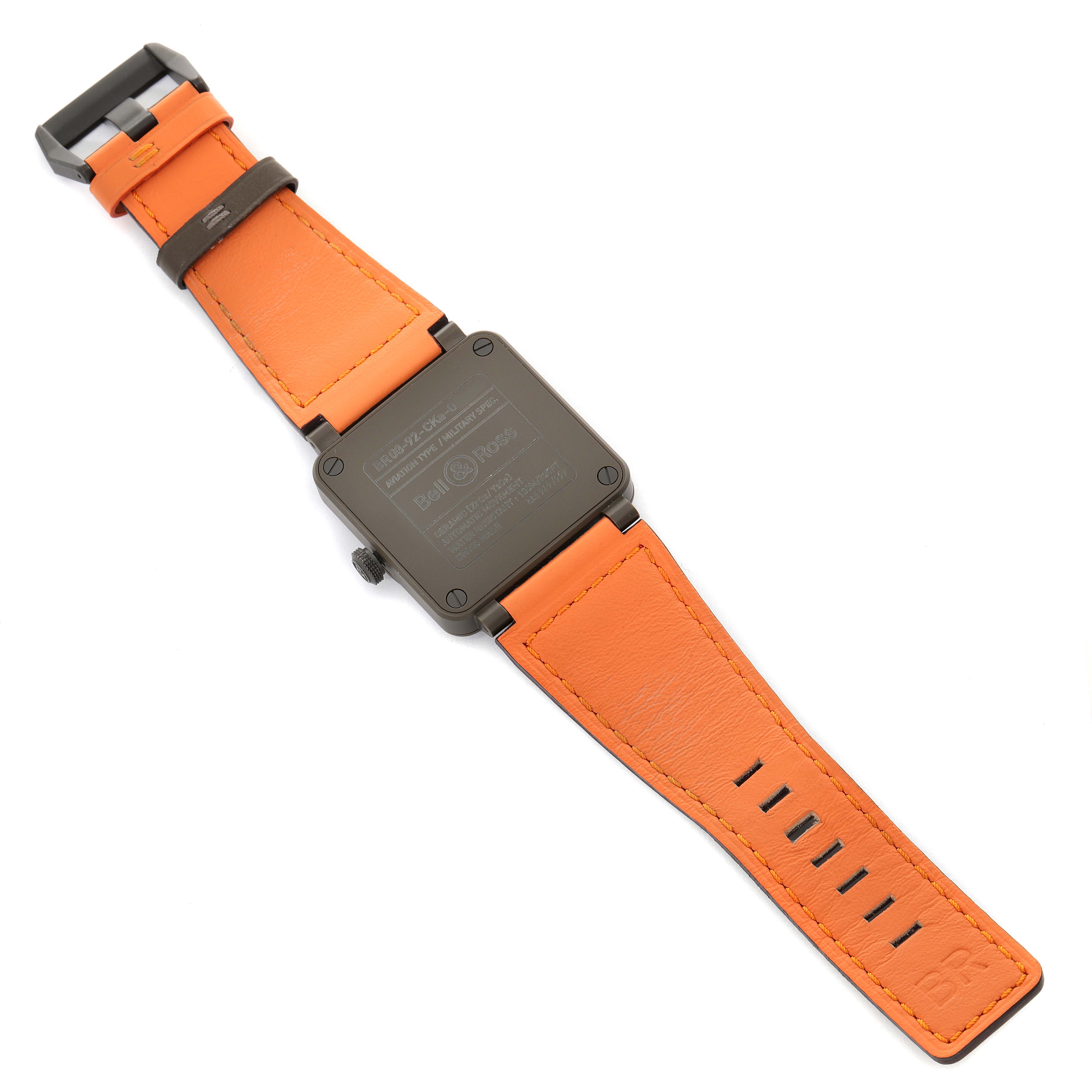 The image shows the back view of the Bell & Ross BR0392 Matte Khaki Dial Automatic Ceramic Men's Watch with an orange leather strap.