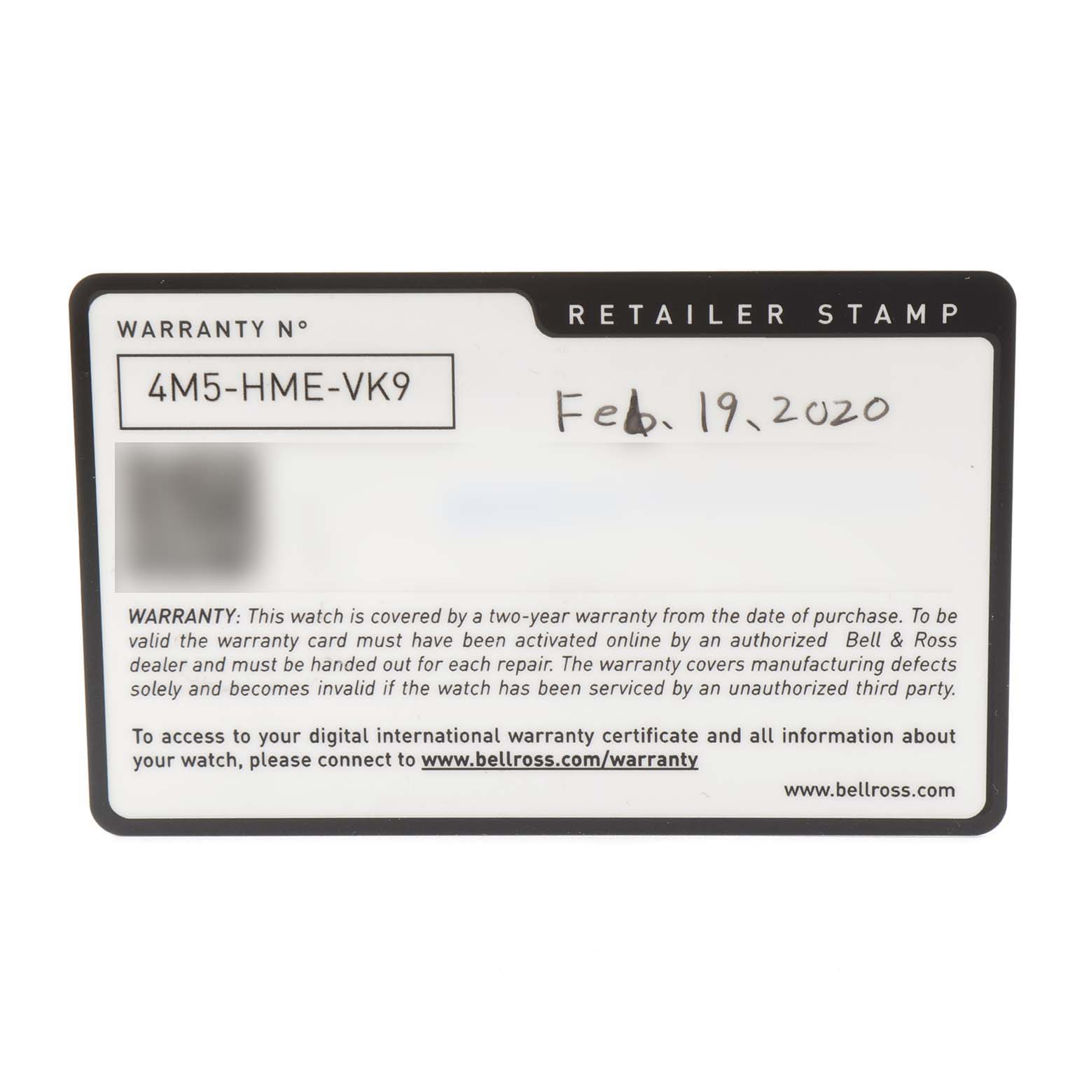 The image shows a warranty card for the Bell & Ross Matte Khaki Dial Automatic Ceramic Mens Watch BR0392 Unworn model.