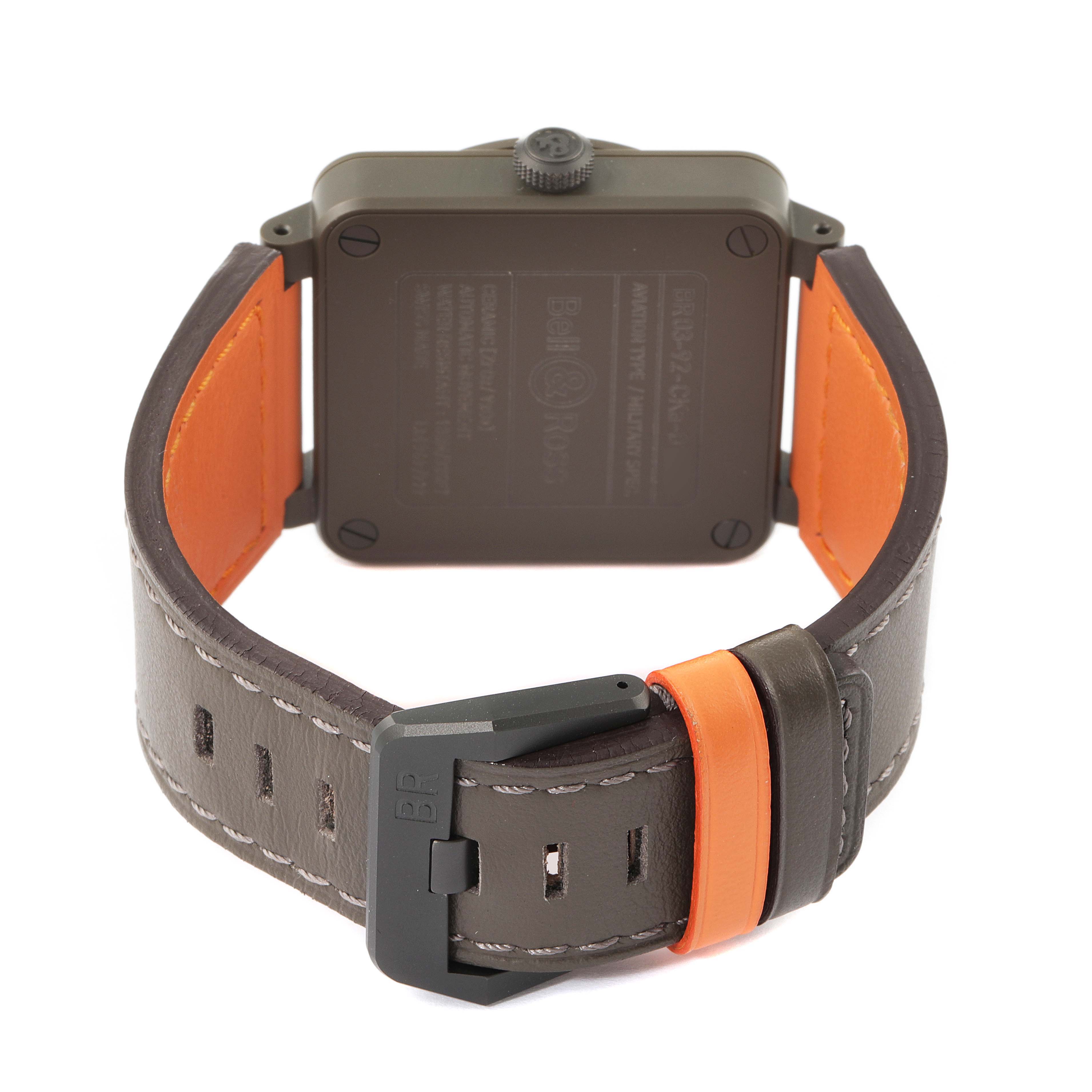 The image shows the back view of the Bell & Ross Matte Khaki Dial Automatic Ceramic Men's Watch BR0392 model, displaying its case and strap.
