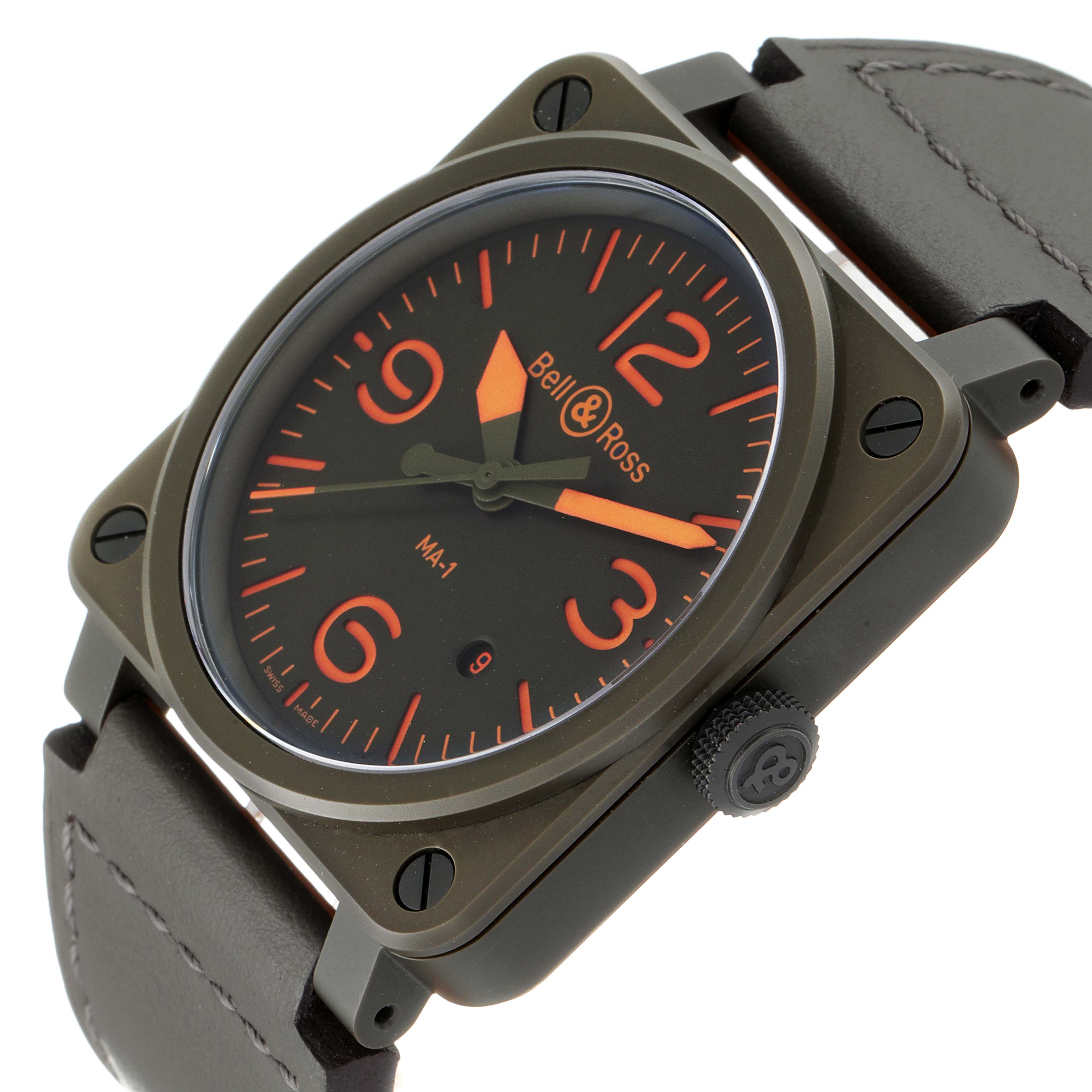 The image shows a Bell & Ross BR0392 Matte Khaki Dial Automatic Ceramic Men's Watch at an angle highlighting the face and strap.