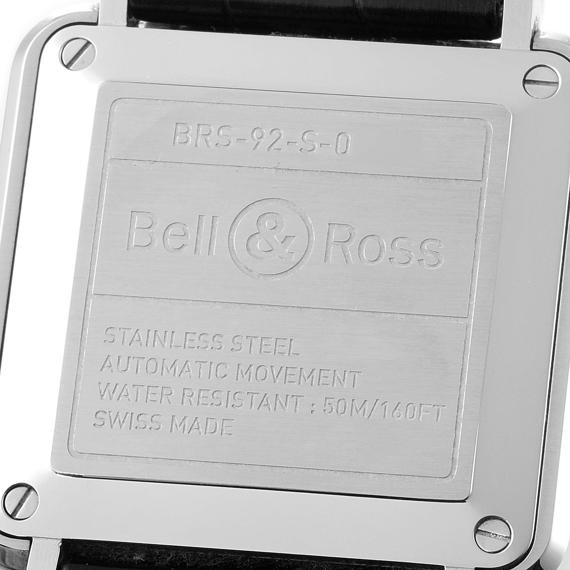 This image shows the back of the Bell 
Ross Officer Black Dial Automatic Steel Mens Watch BRS92 Box Card model.