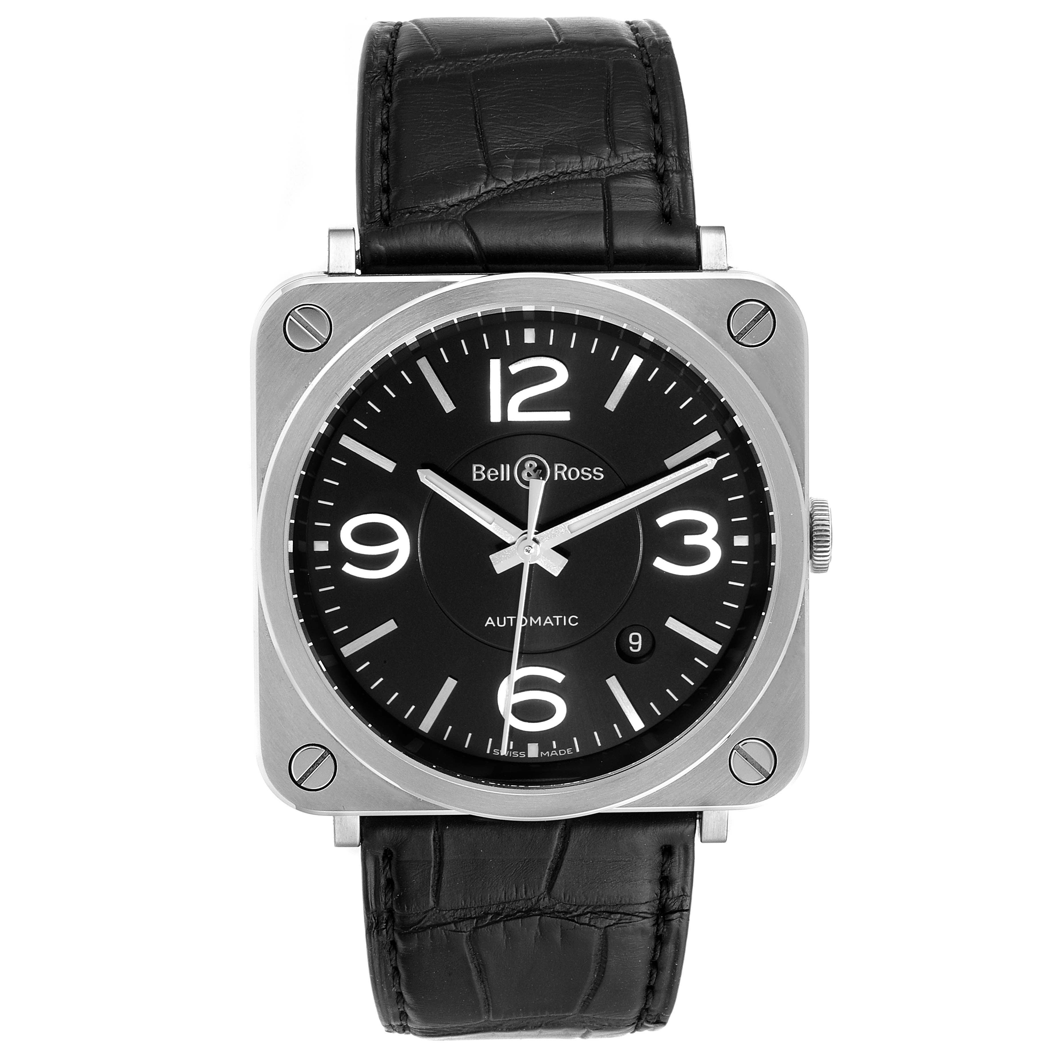 The Bell 
Ross Officer Black Dial Automatic Steel Mens Watch BRS92 is shown from the front, displaying the dial, case, hands, and leather strap.