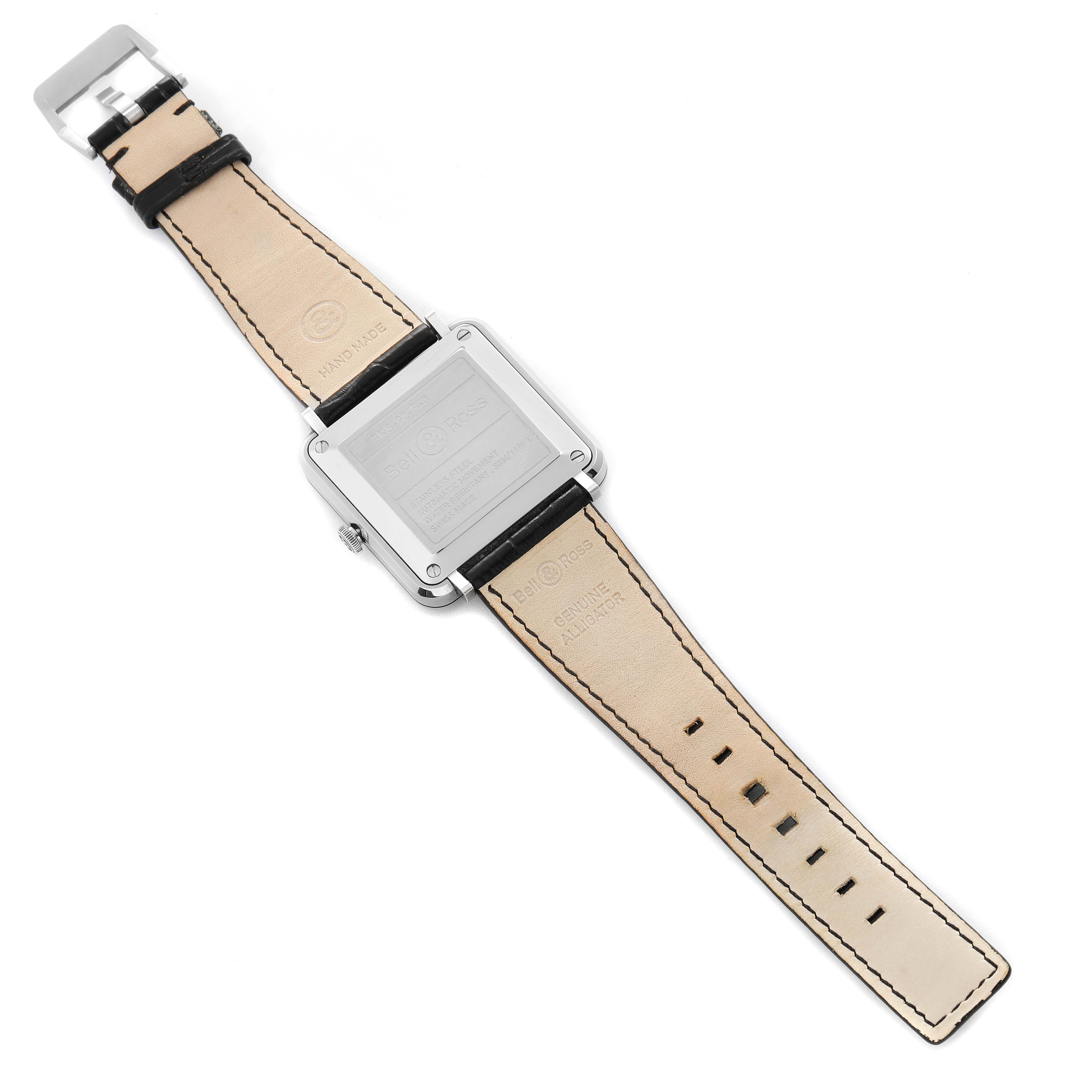 The image shows the back of the Bell 
Ross Officer Black Dial Automatic Steel Men
s Watch BRS92, displaying its case and leather strap.