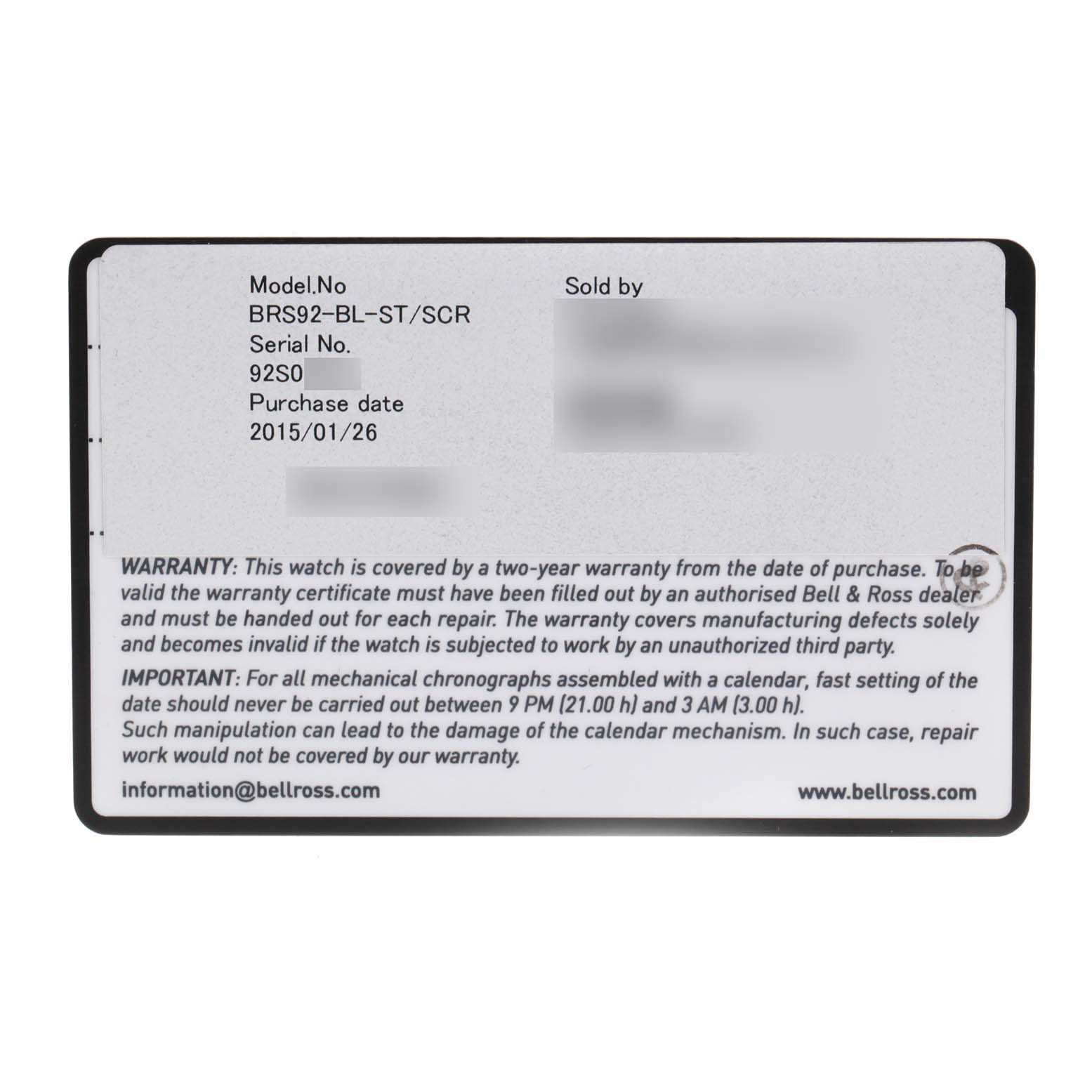 The image shows a warranty card for the Officer Black Dial Automatic Steel Men
s Watch BRS92 by Bell 
Ross.