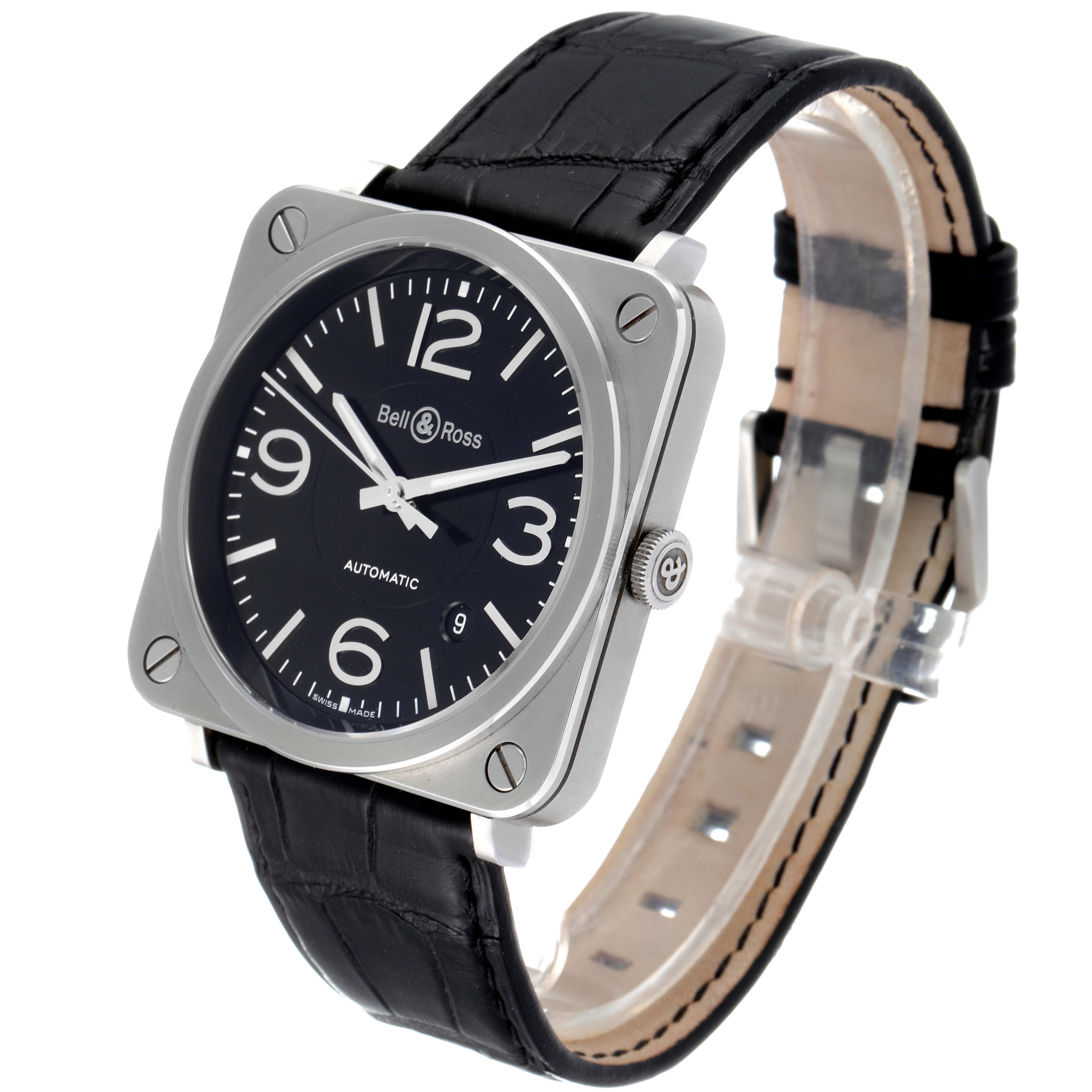 The image shows a front-side angle of the Bell 
Ross Officer Black Dial Automatic Steel Mens Watch BRS92, highlighting its dial, strap, and bezel.