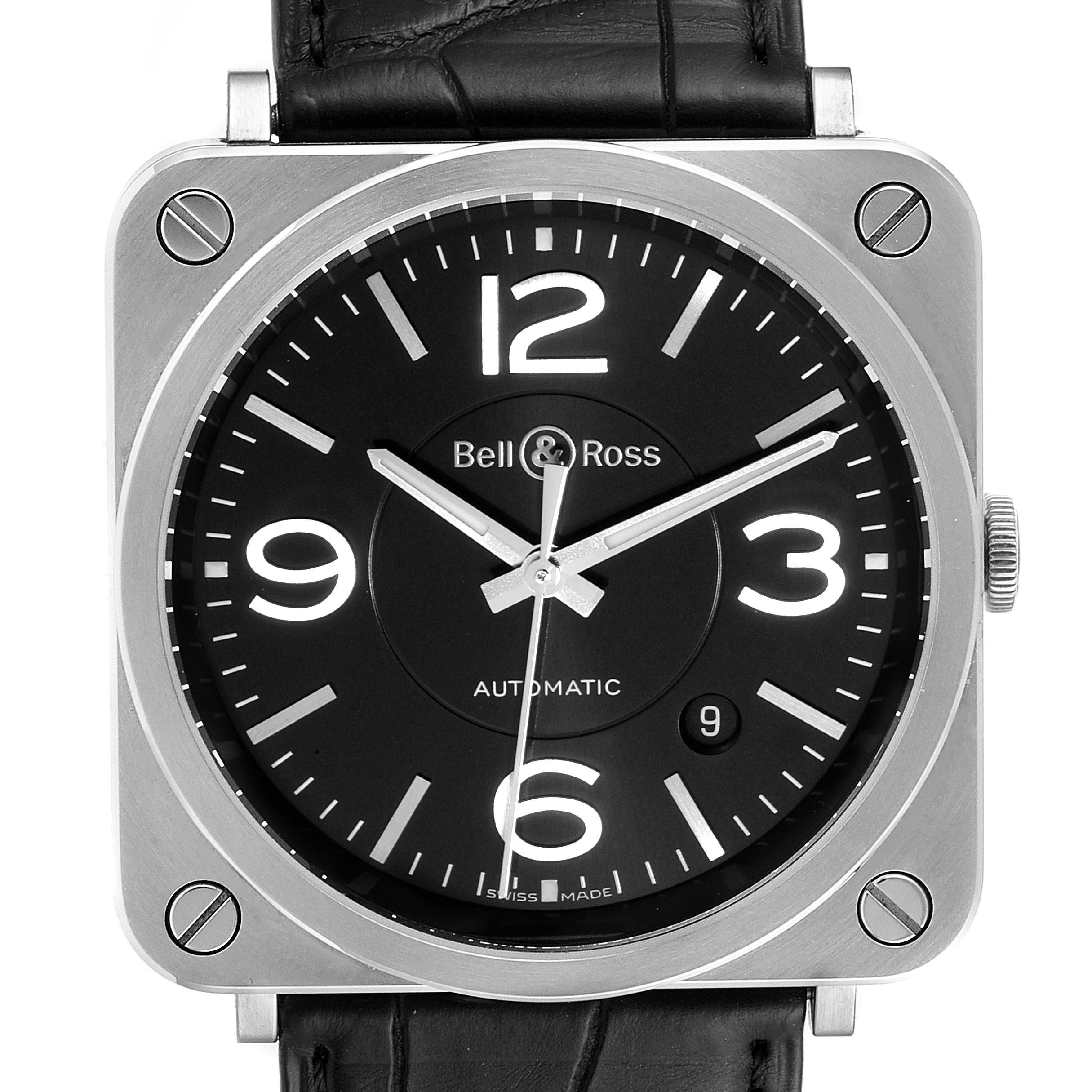 The image shows a front view of the Bell 
Ross Instruments BRS92-S-01207 Men
s Stainless Steel Black Dial BRS92-S-01207 Men
s Stainless Steel Black Dial model watch, highlighting its black dial, numerals, hands, and crown.