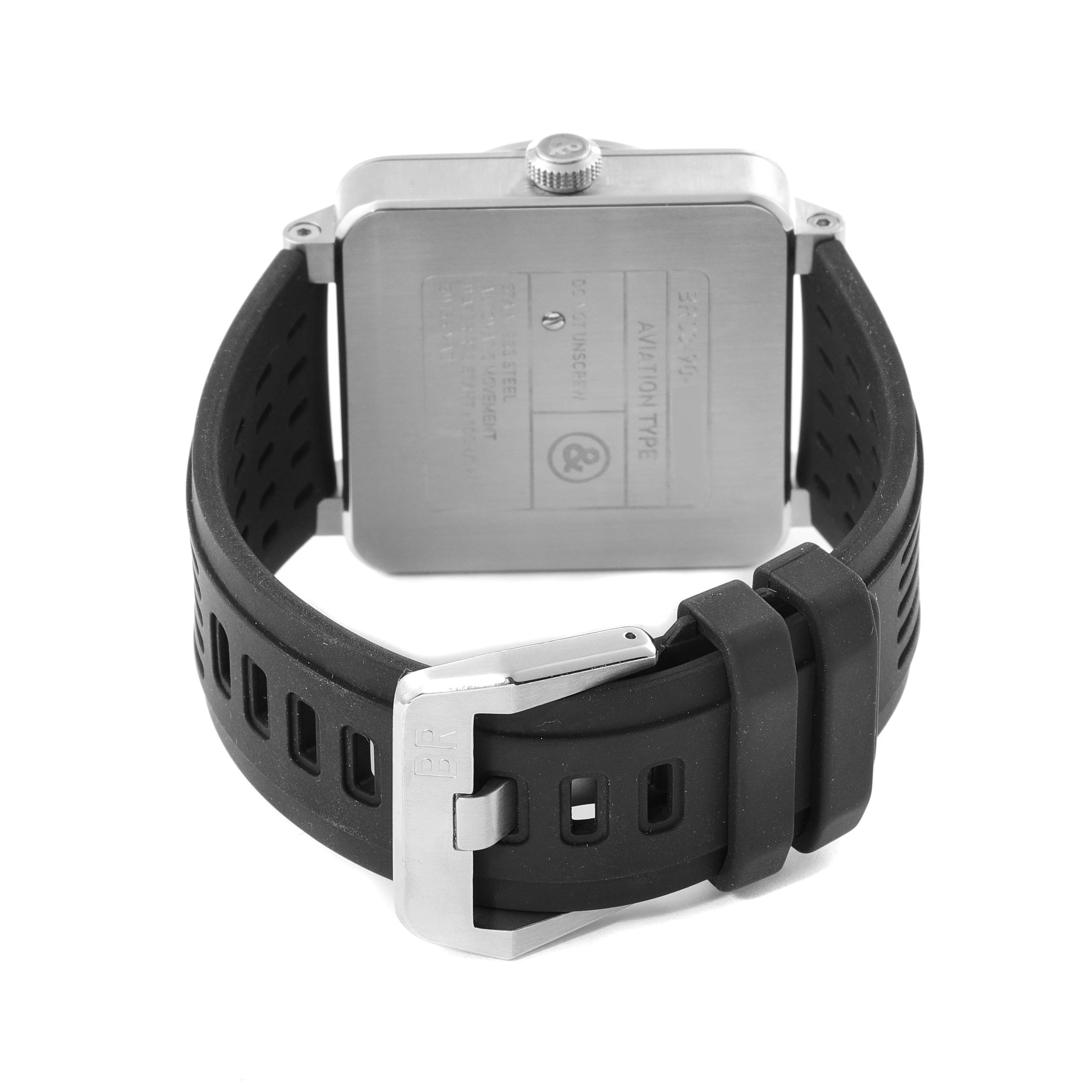 This image shows the back view of the Bell & Ross BR0390 Rocket Grande Date Power Reserve Steel Watch with its clasp and strap.