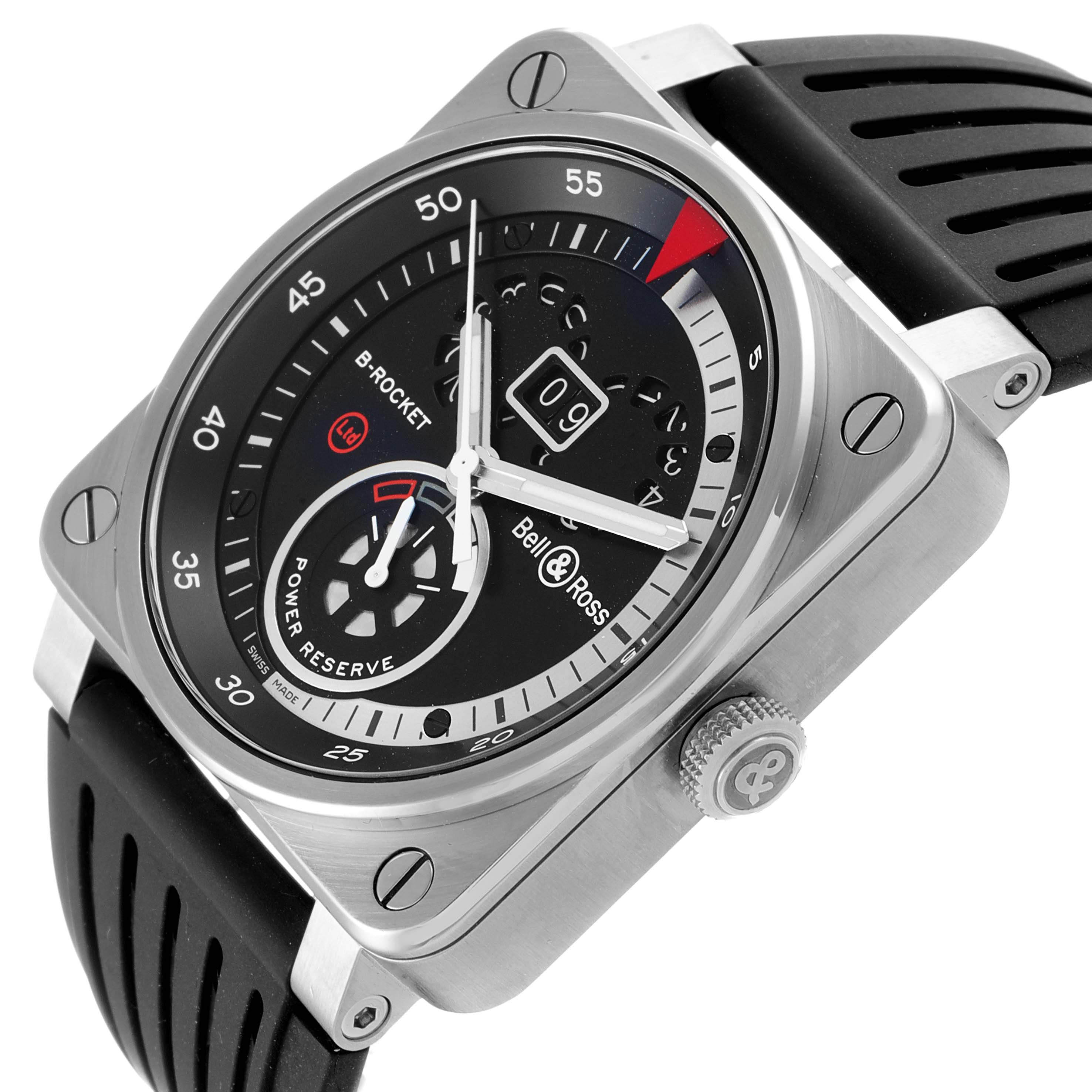 This image shows a Bell & Ross BR0390 Rocket Grande Date Power Reserve Steel Watch from an angled view, highlighting the dial, bezel, and crown.
