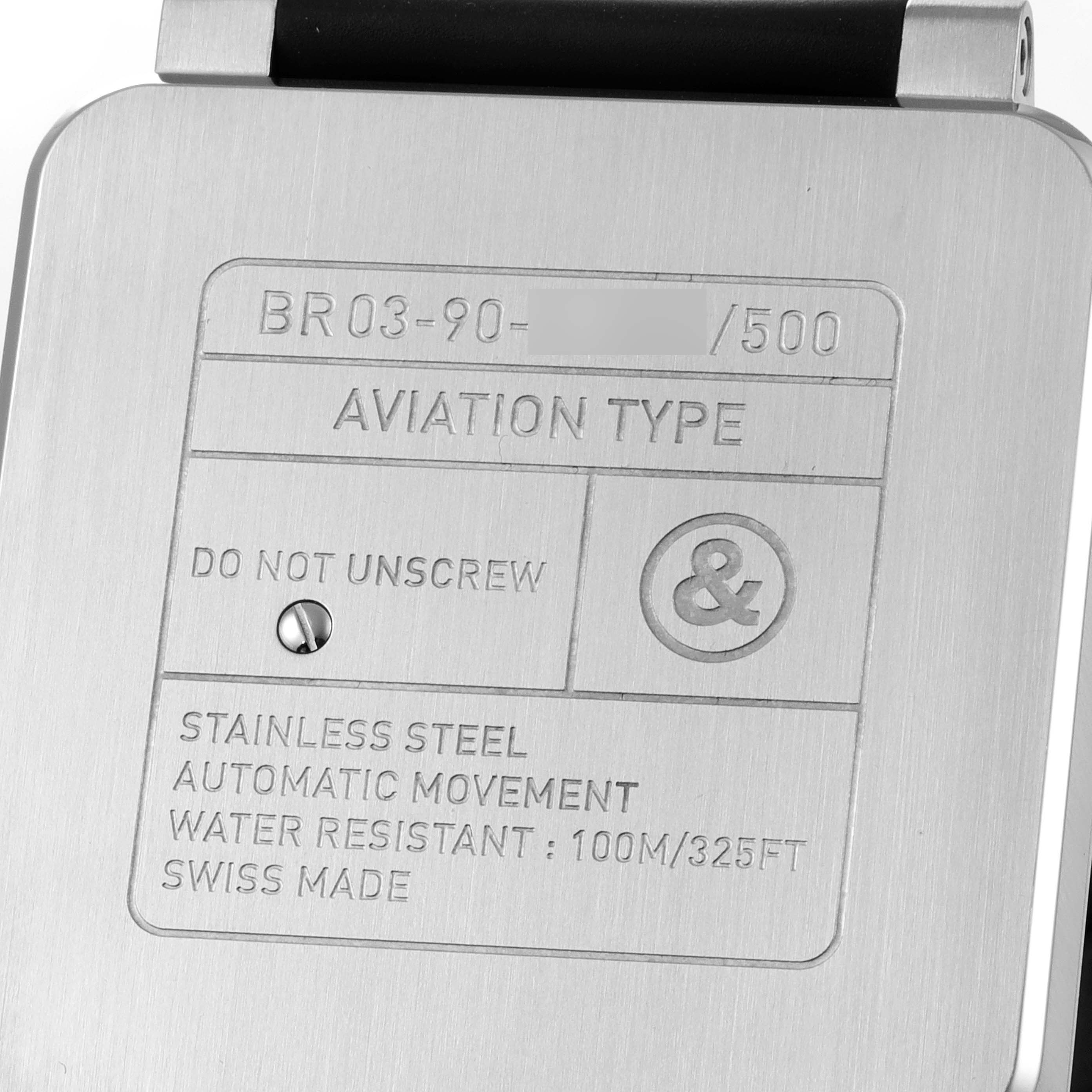 The image shows the back case of the Bell & Ross Rocket Grande Date Power Reserve Steel Watch BR0390 Unworn model.