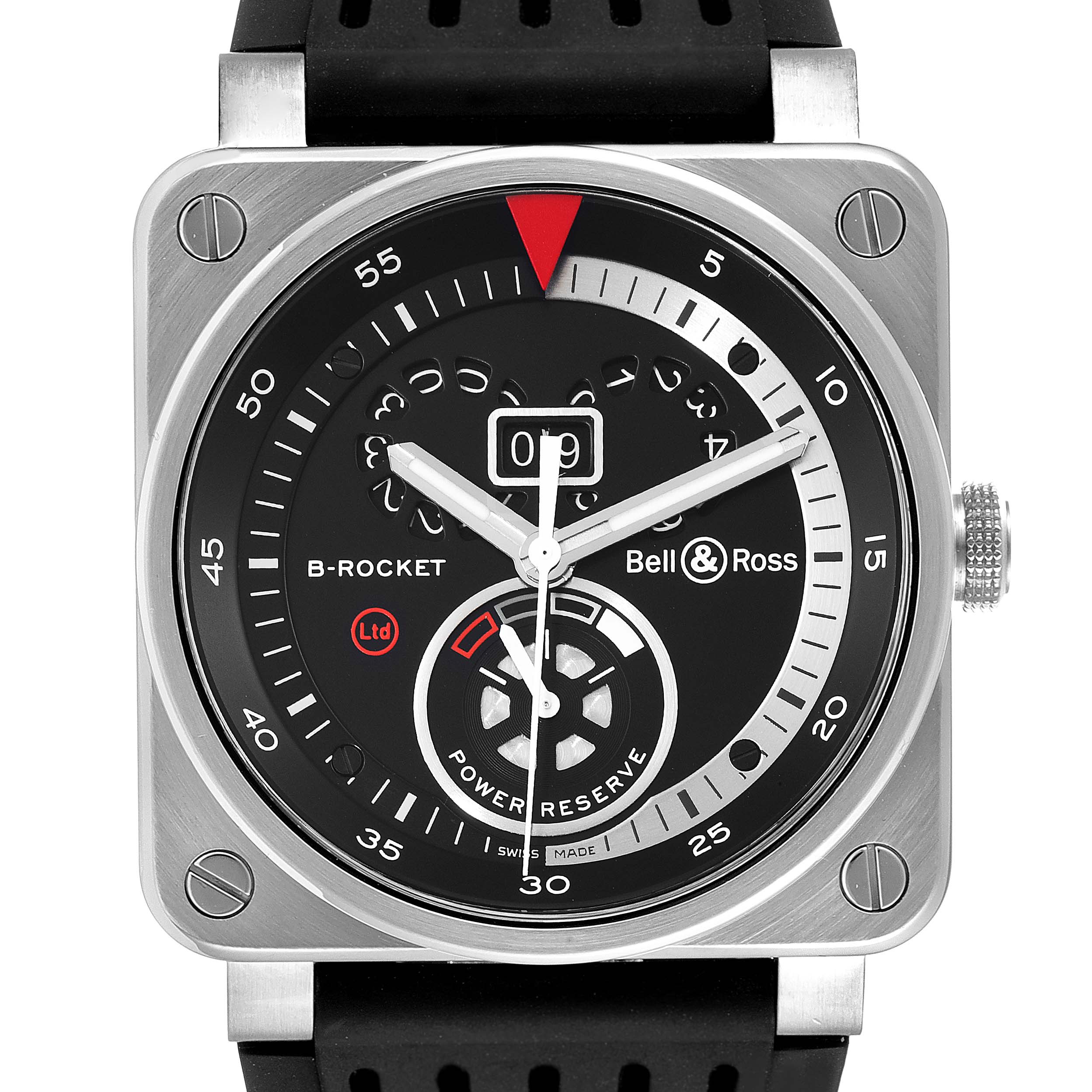 The image shows a front view of the Bell & Ross Instruments BR03-90 Men's Stainless Steel Black Dial BR03-90 Men's Stainless Steel Black Dial B-Rocket watch, detailing the dial, hands, and power reserve indicator.