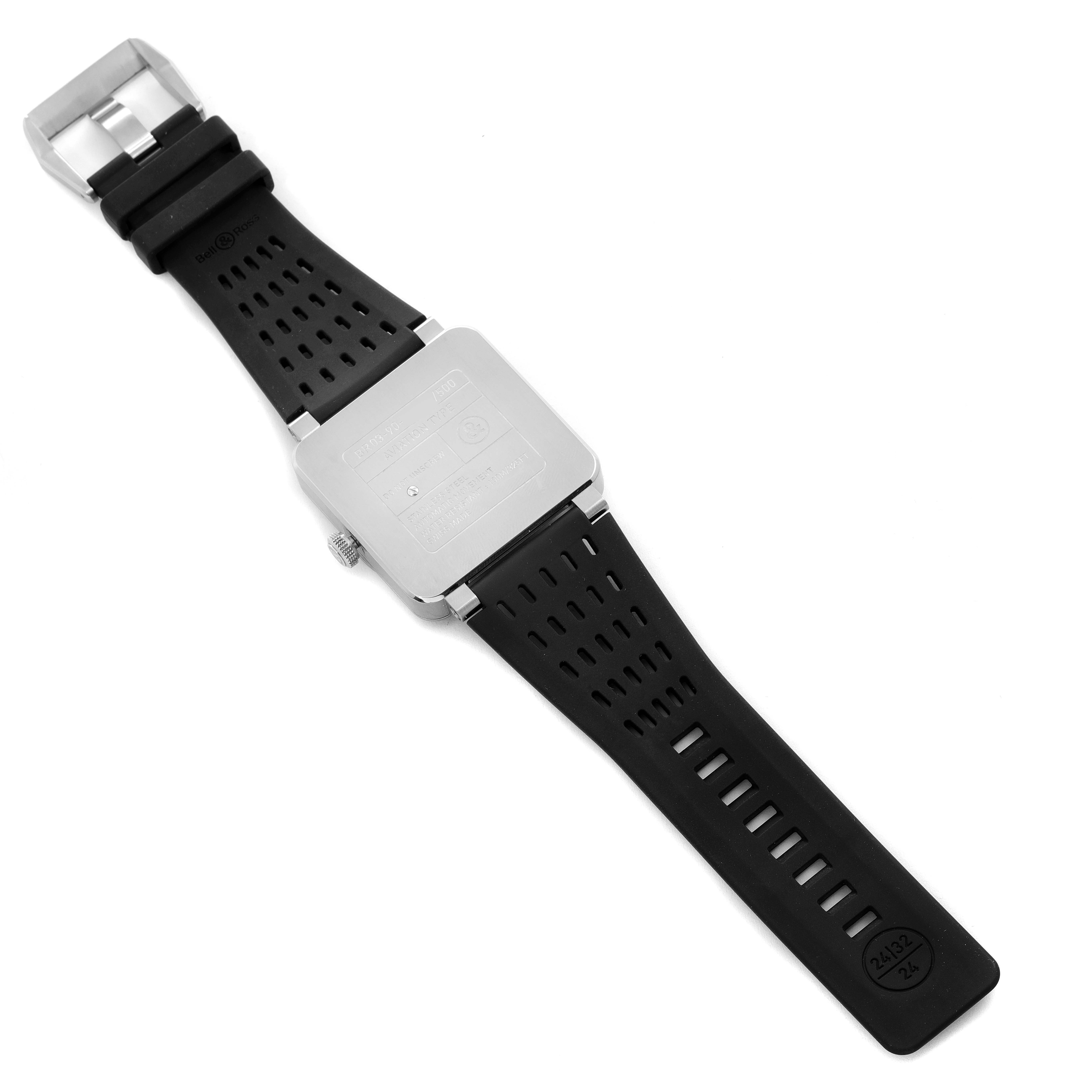 The image shows the back and strap of the Bell & Ross Rocket Grande Date Power Reserve Steel Watch BR0390 Unworn model.