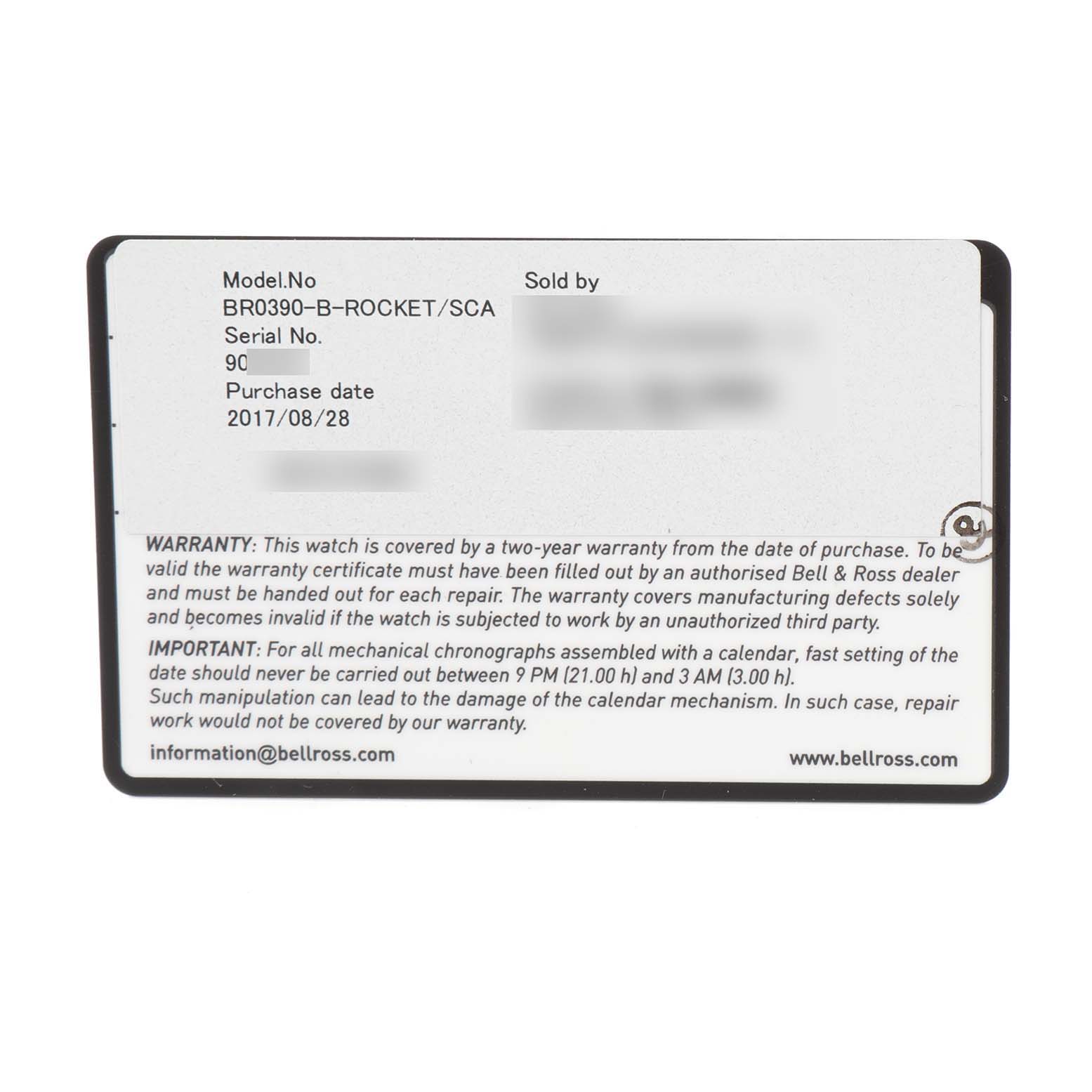 The image shows a warranty card for a Bell & Ross Rocket Grande Date Power Reserve Steel Watch BR0390 Unworn model.