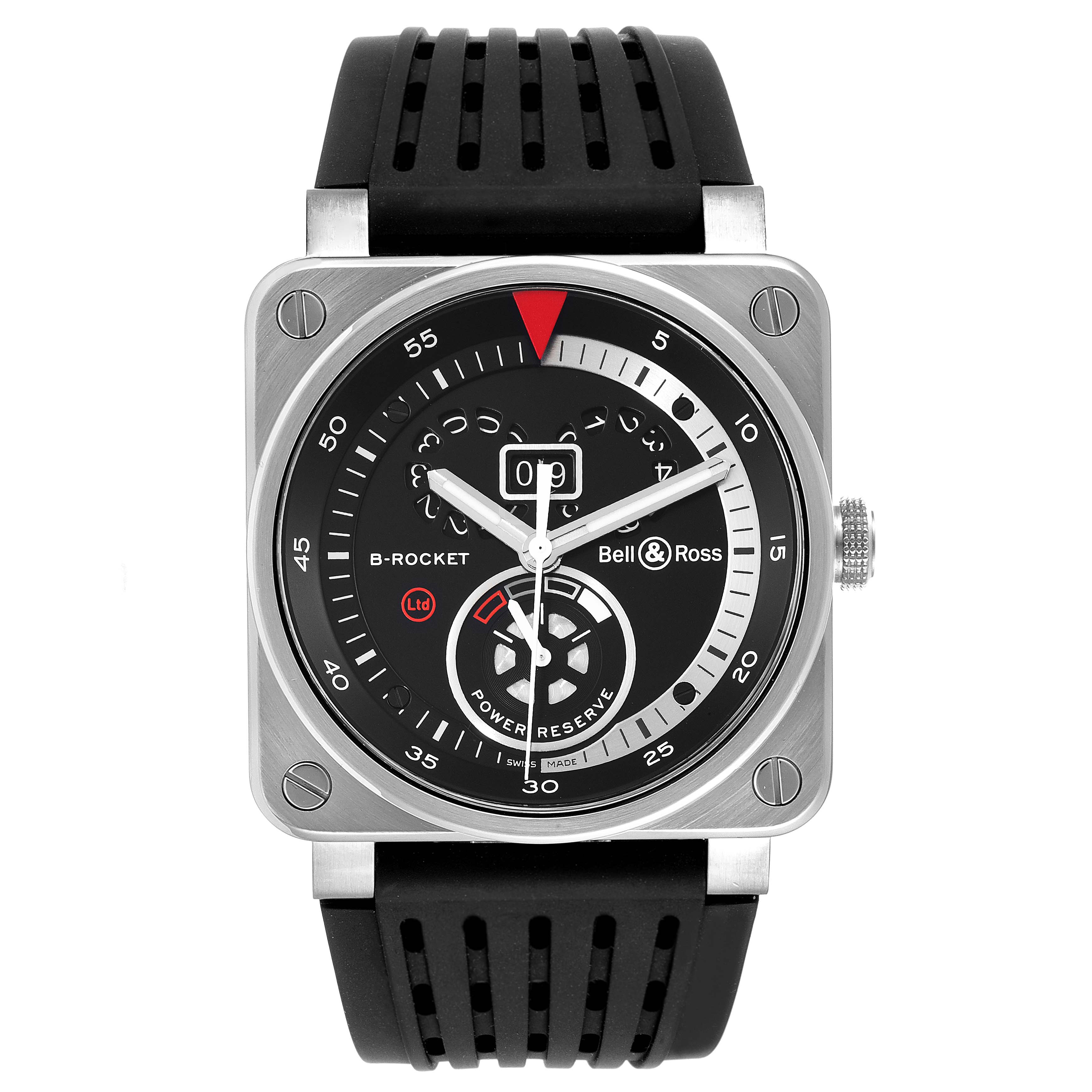 The Bell & Ross Rocket Grande Date Power Reserve BR0390 watch is shown from a front angle, displaying its square case, bezel, dial, and strap.