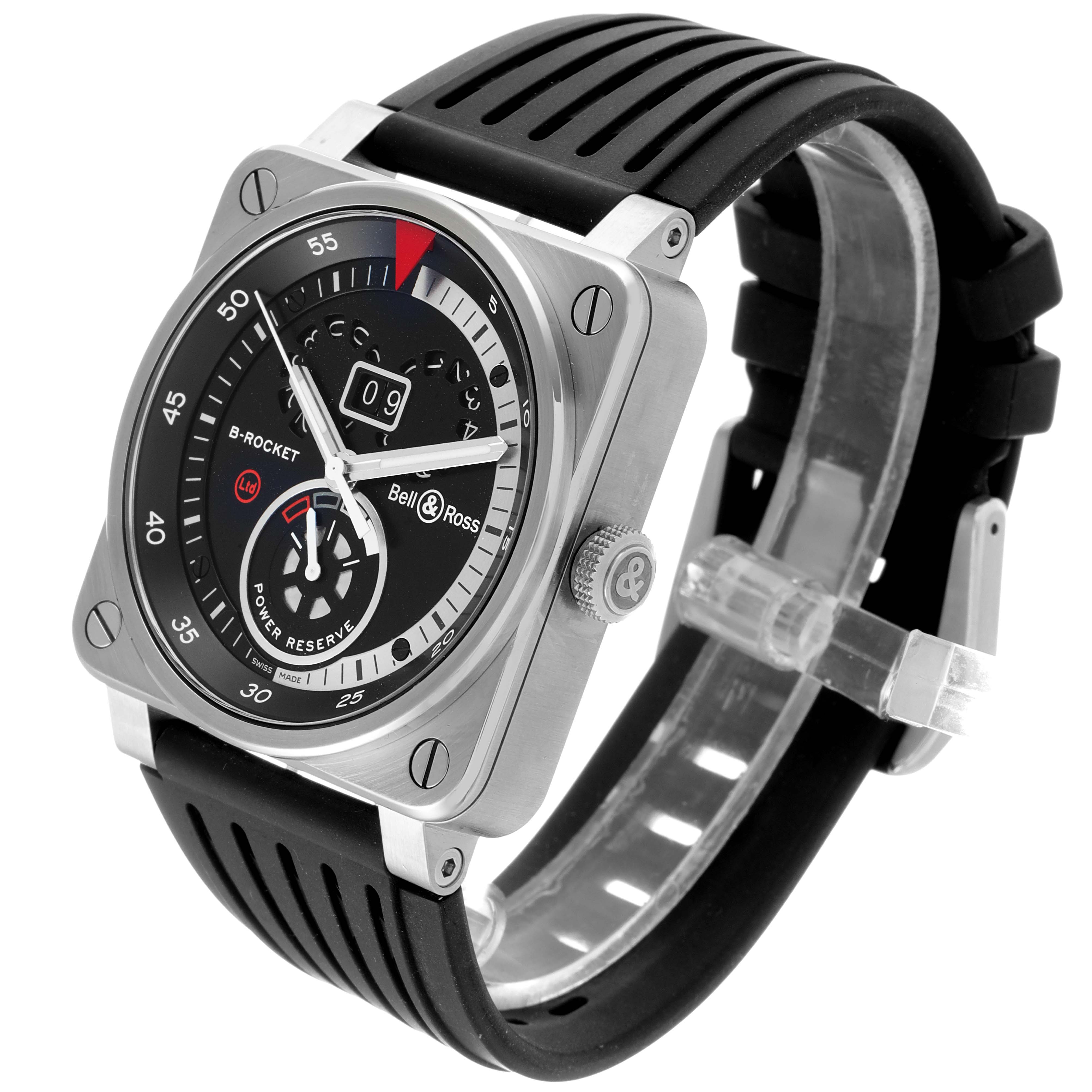 The Bell & Ross Rocket Grande Date Power Reserve Steel Watch BR0390 is shown at a 3/4 angle, displaying its face and black strap.