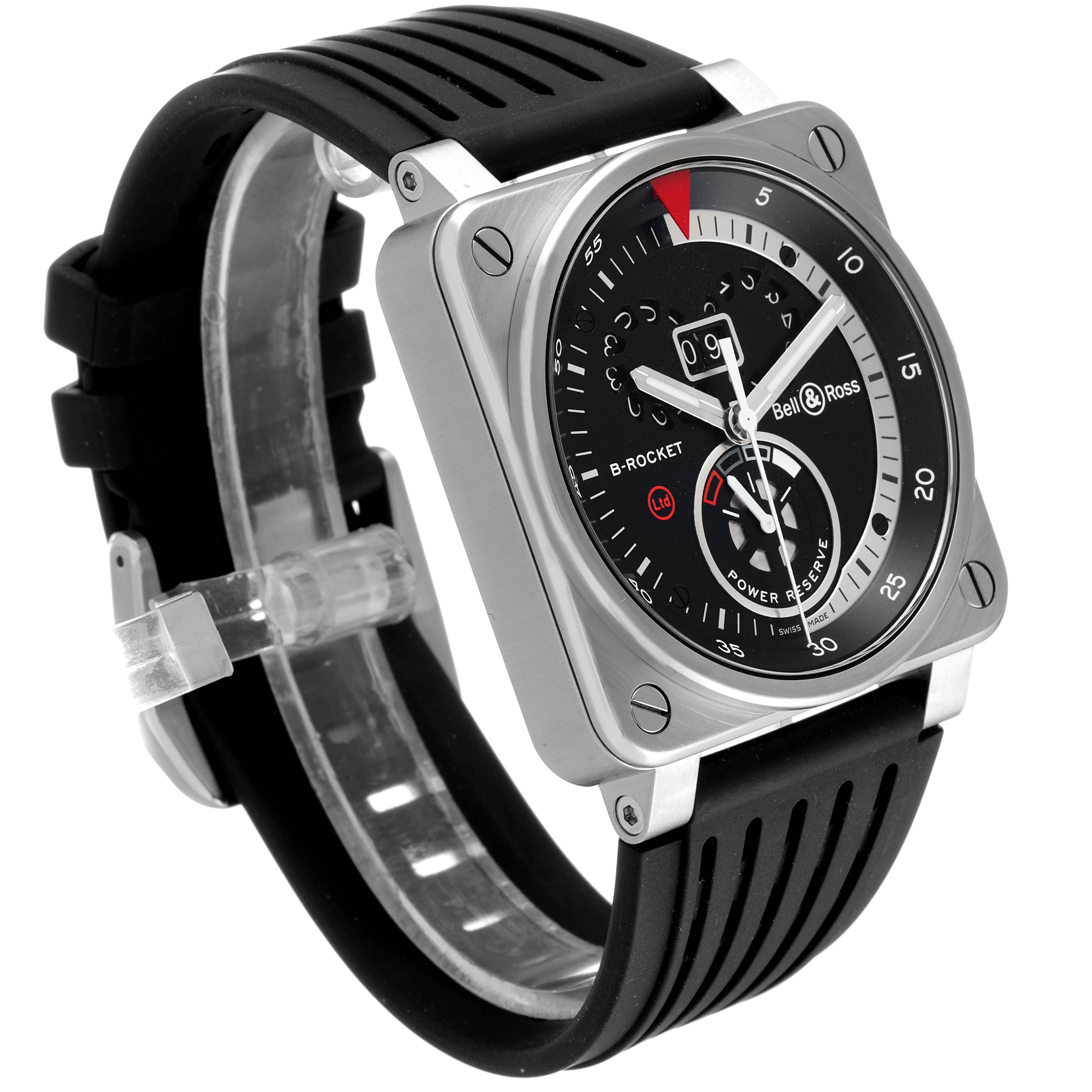 The image shows a side-angle view of the Bell & Ross BR0390 Rocket Grande Date Power Reserve Steel Watch with a black strap.