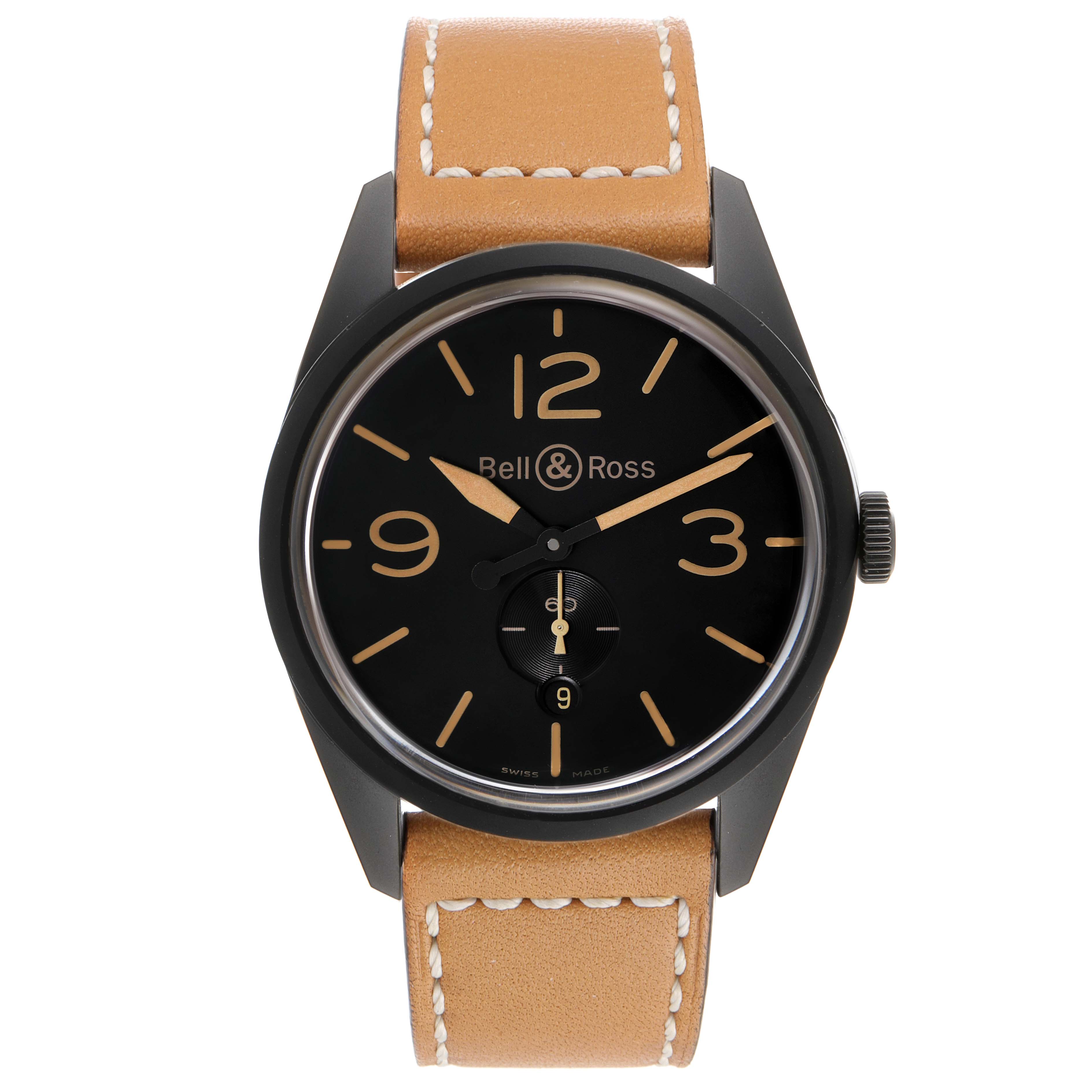 The image shows a front view of the Bell & Ross Vintage model watch, highlighting its black dial, tan leather strap, and classic design.