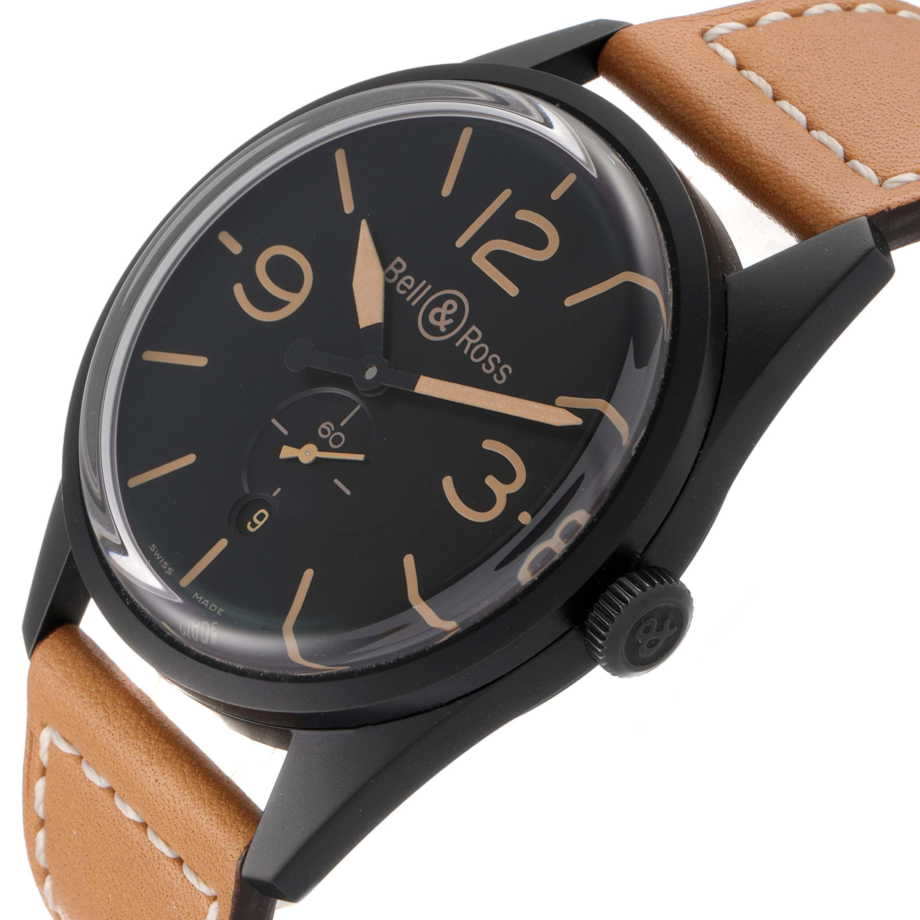 This image shows a side view of the Bell & Ross Vintage watch, highlighting its dial, case, and leather strap.