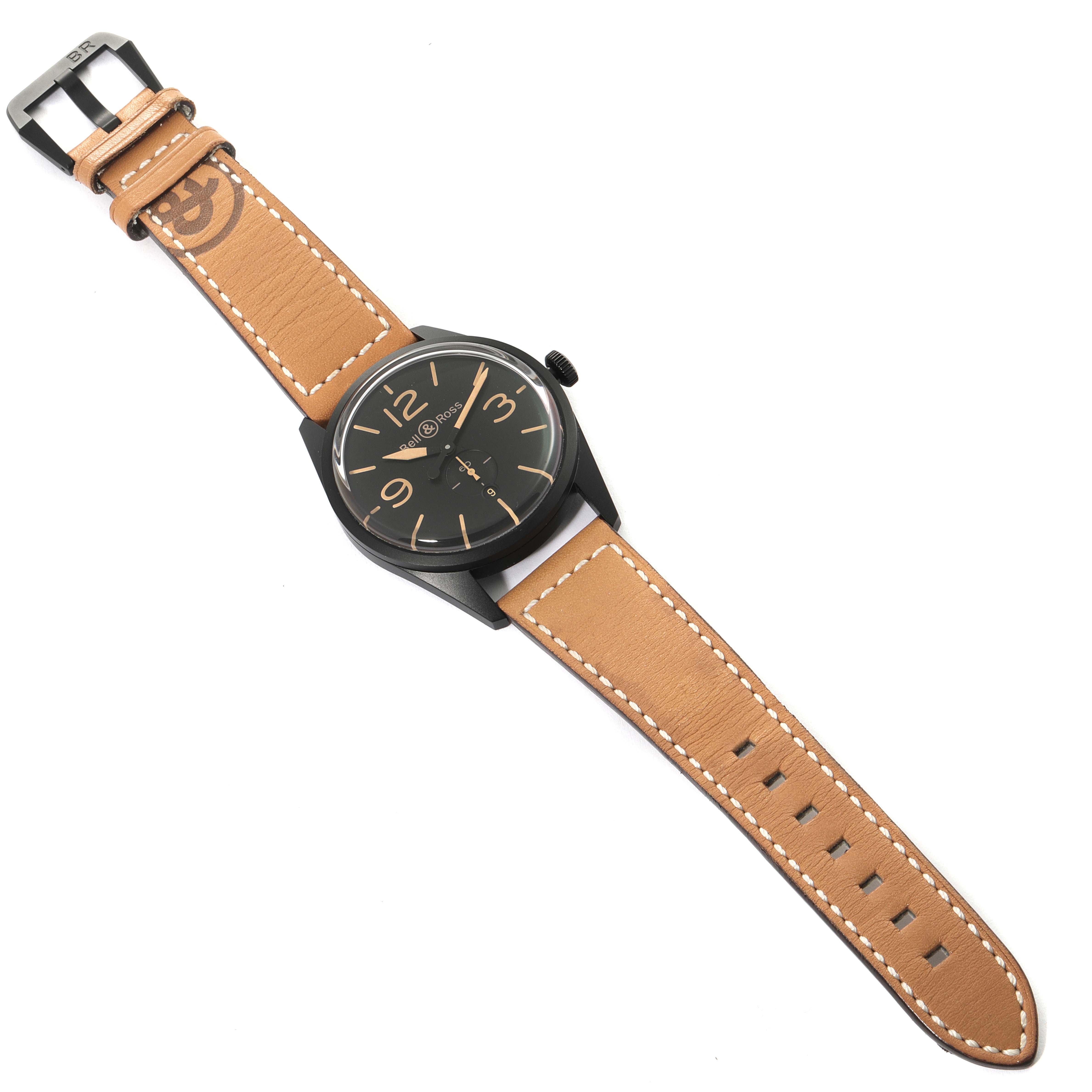 The image shows a Bell & Ross Vintage model watch from a top-down angle, featuring its face and full leather strap.