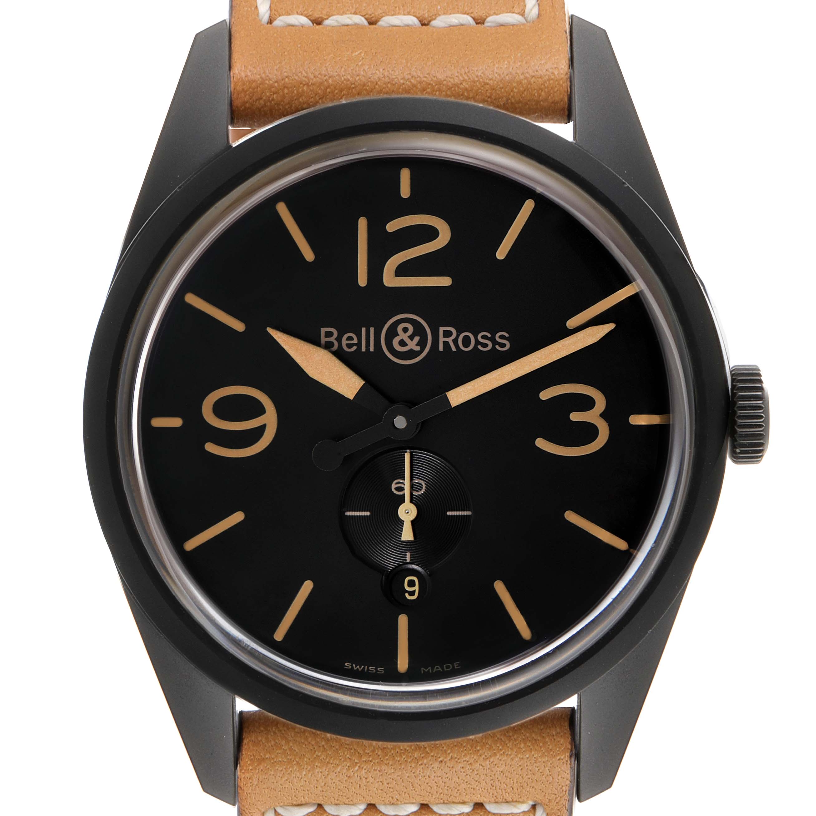 This image shows a Bell & Ross Heritage BR123 Men's Ceramic Black Dial BR123 Men's Ceramic Black Dial model watch from a front-facing angle, displaying the dial and case.