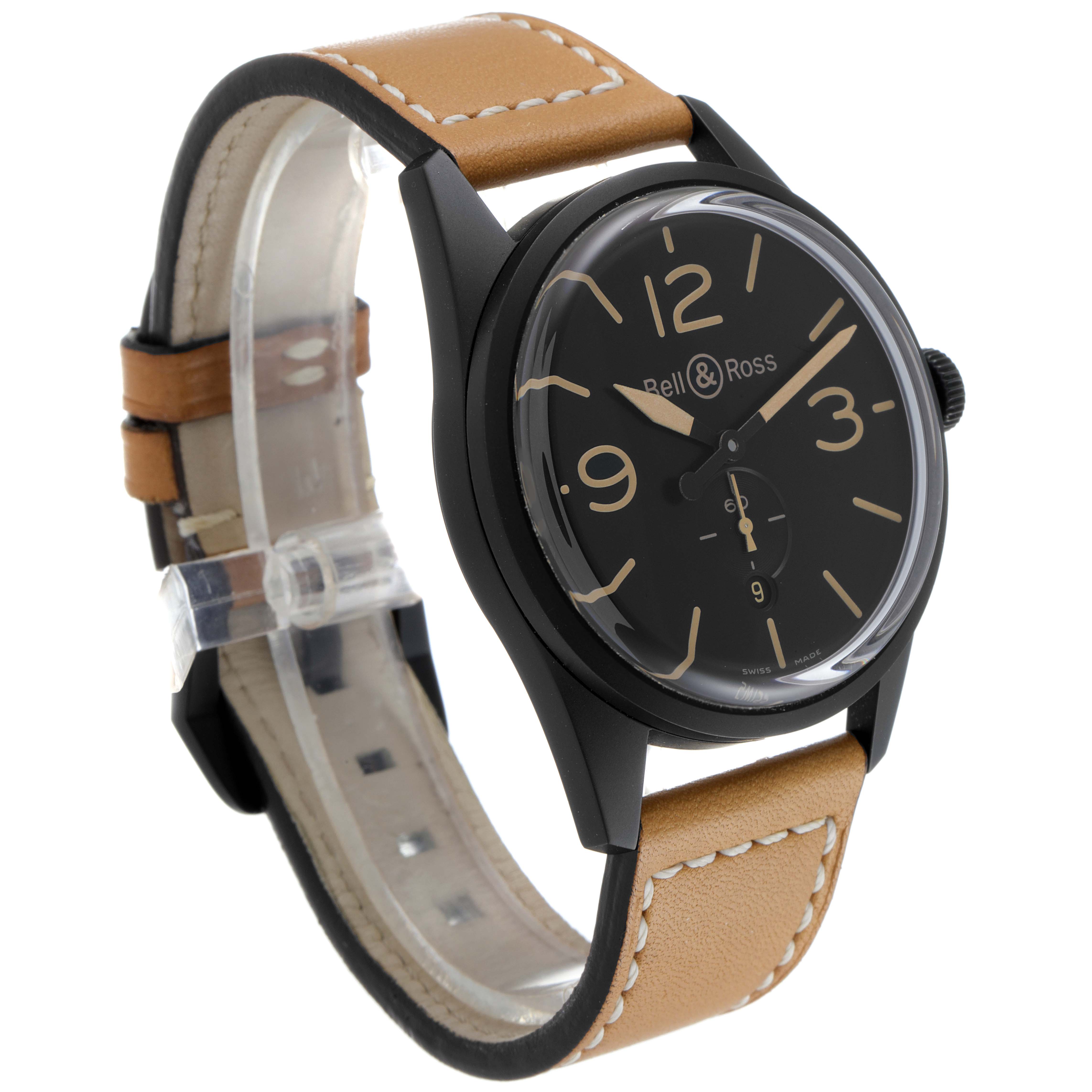 The image shows a Bell & Ross Vintage model watch at a three-quarter angle highlighting its black dial and brown leather strap.