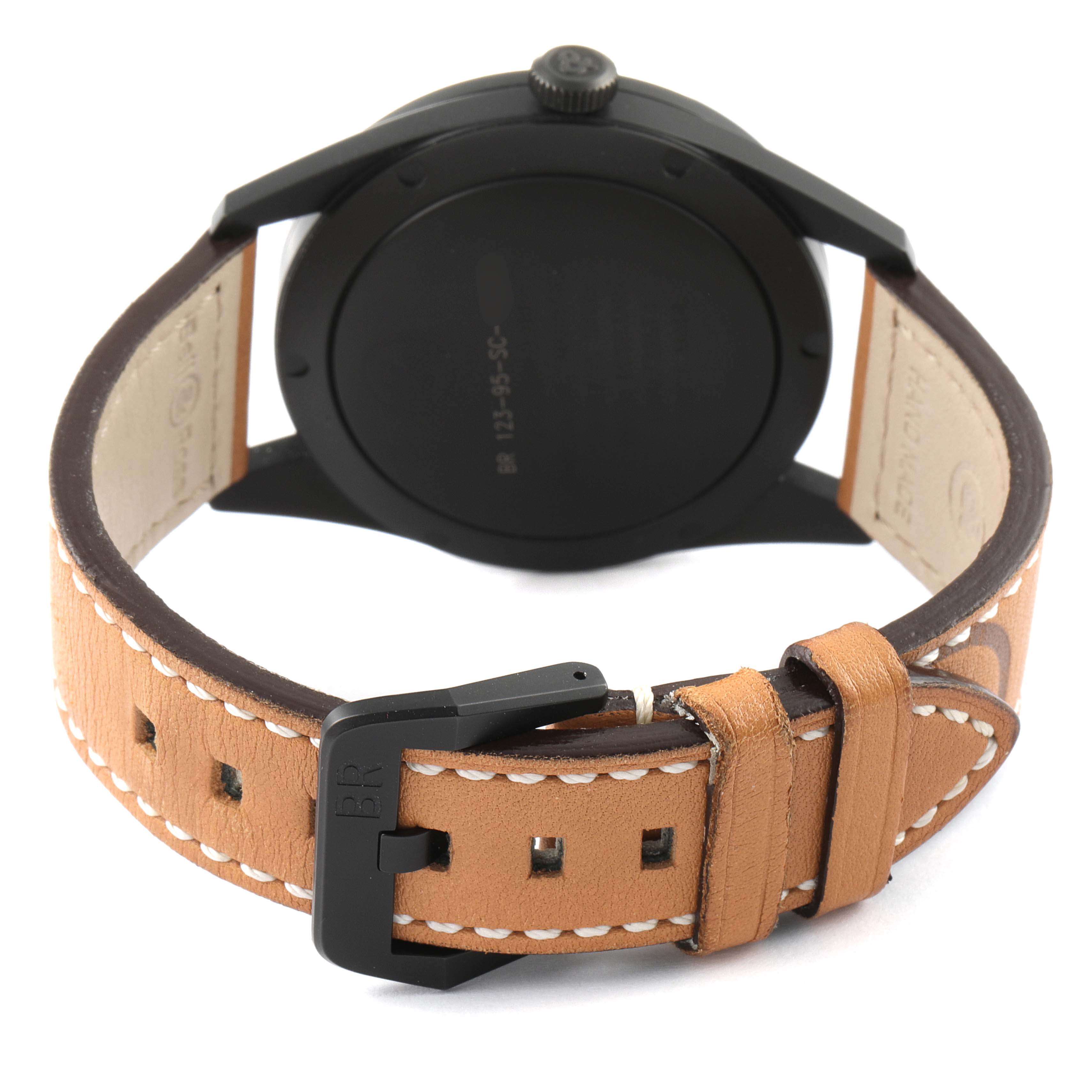 This image shows the back view of a Vintage model watch by Bell & Ross, highlighting the case back and leather strap with buckle.