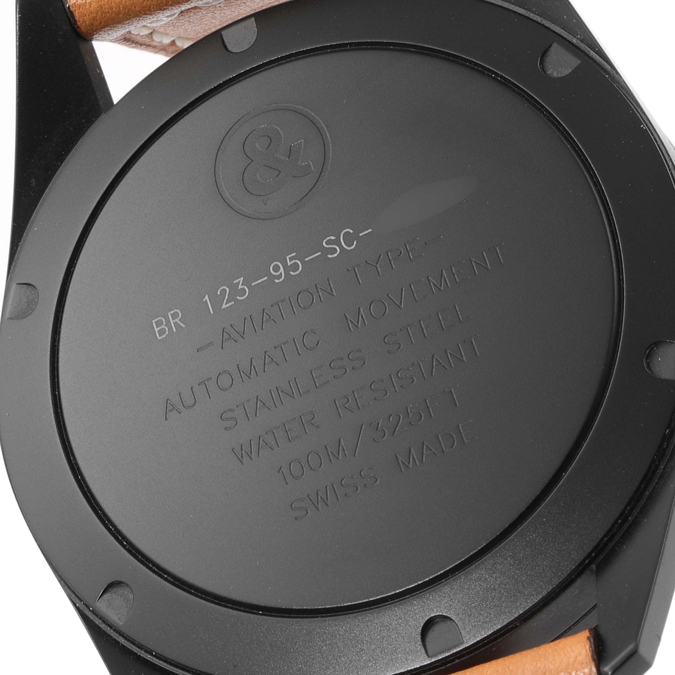 This image shows the back of a Bell & Ross Vintage model BR 123-95-SC watch, highlighting its features and specifications.