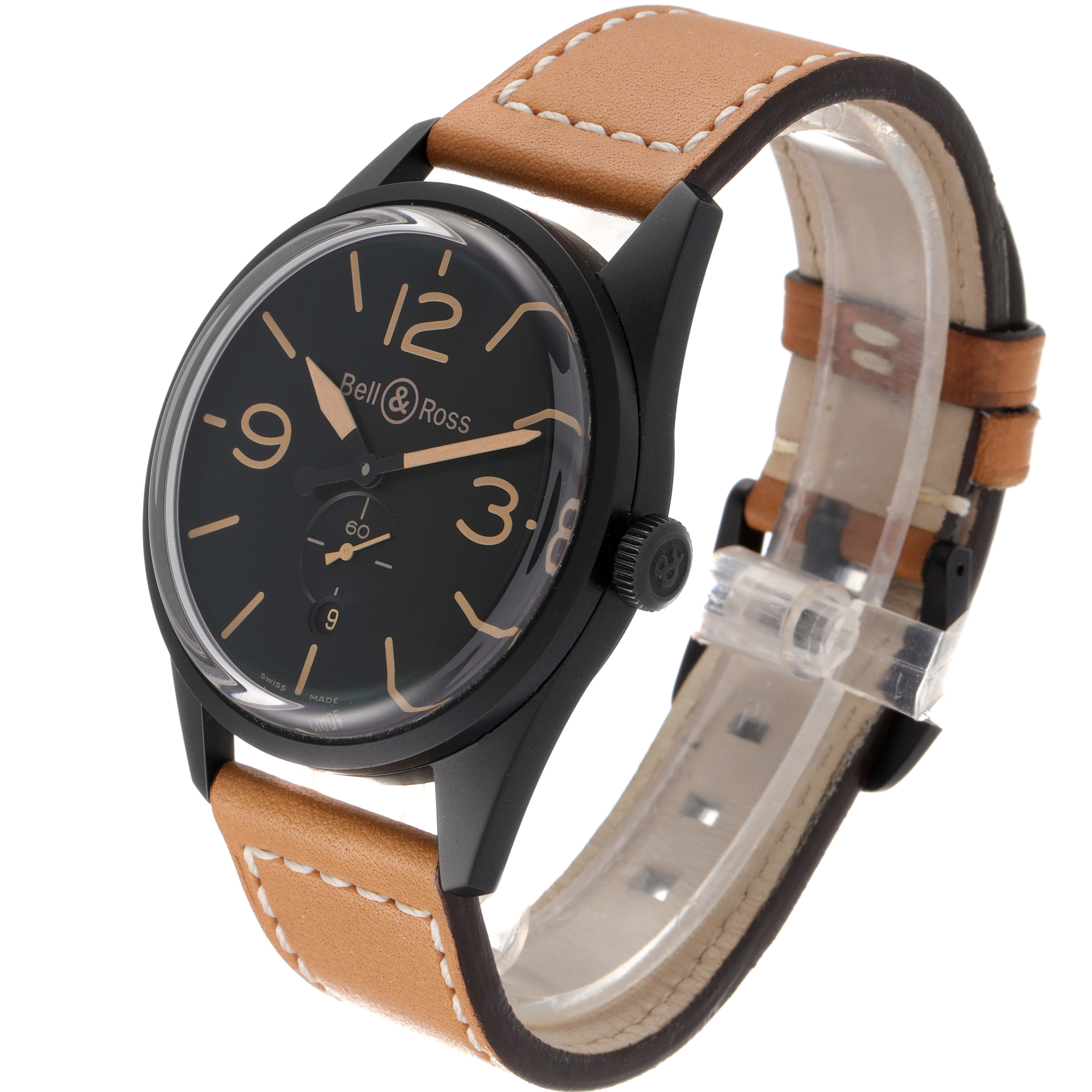 This is a side angle view of the Bell & Ross Vintage model, showcasing the black dial and brown leather strap.