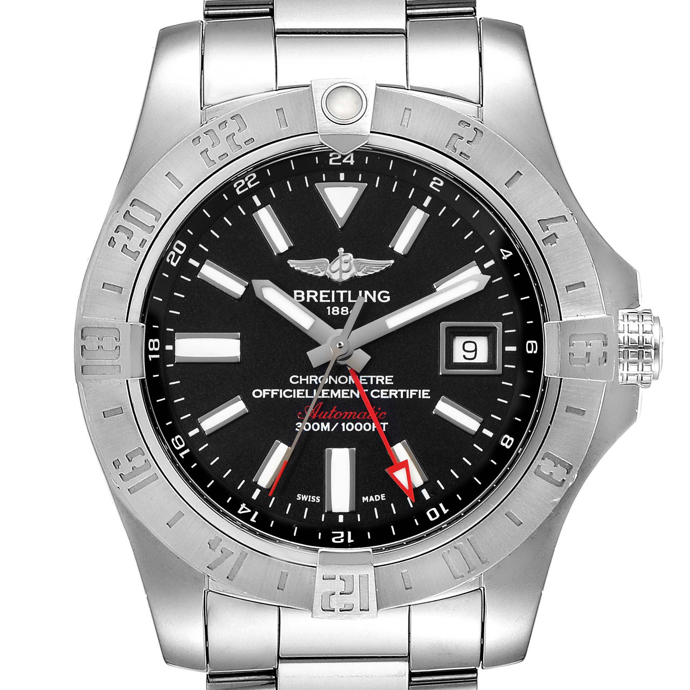 The image shows a frontal view of the Breitling Avenger A3239011-C872-170A Men's Stainless Steel Black Dial A3239011-C872-170A Men's Stainless Steel Black Dial watch, highlighting the dial, bezel, and metal bracelet.