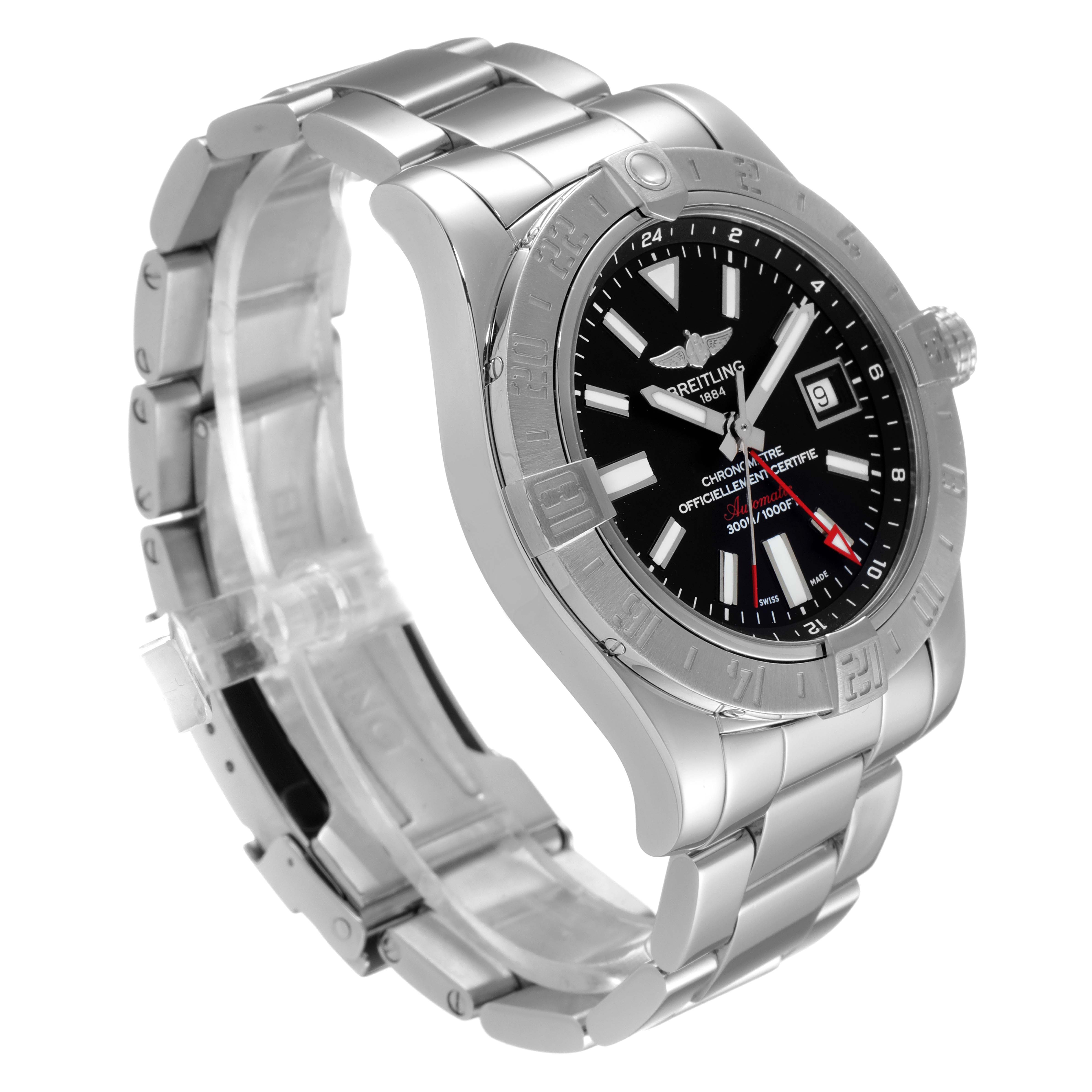 The image shows a side-angle view of the Breitling Avenger A3239011-C872-170A Men's Stainless Steel Black Dial A3239011-C872-170A Men's Stainless Steel Black Dial watch, highlighting its stainless steel bracelet and black dial.