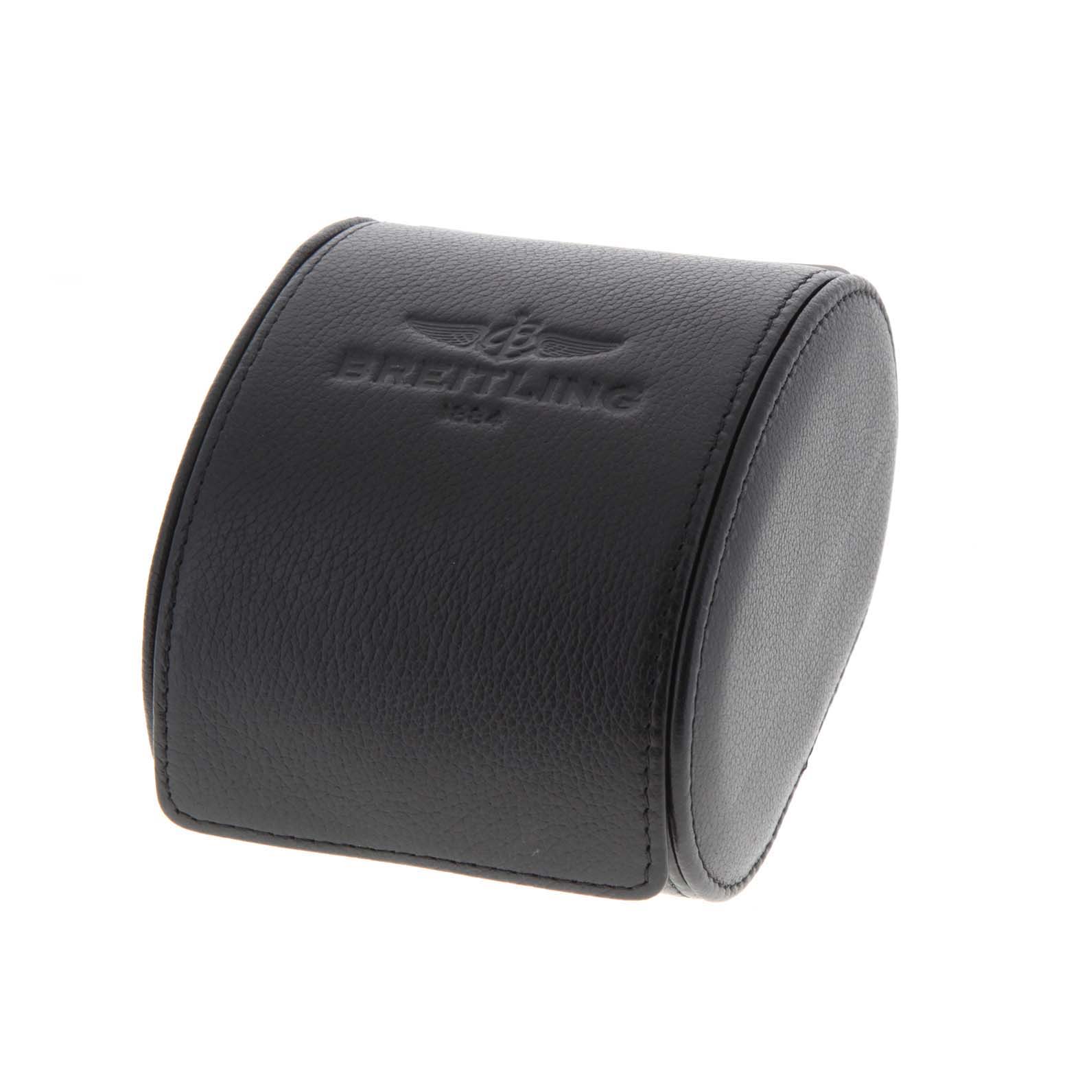 The image shows a side view of a black leather Breitling Avenger A3239011-C872-170A Men's Stainless Steel Black Dial A3239011-C872-170A Men's Stainless Steel Black Dial watch case with the brand logo embossed on top.