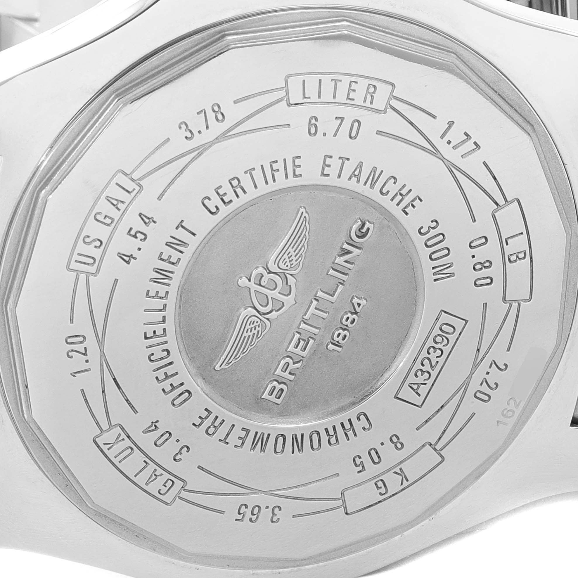 The image shows the case back of the Breitling Avenger A3239011-C872-170A Men's Stainless Steel Black Dial A3239011-C872-170A Men's Stainless Steel Black Dial watch, featuring engravings with brand details and measurement conversions.