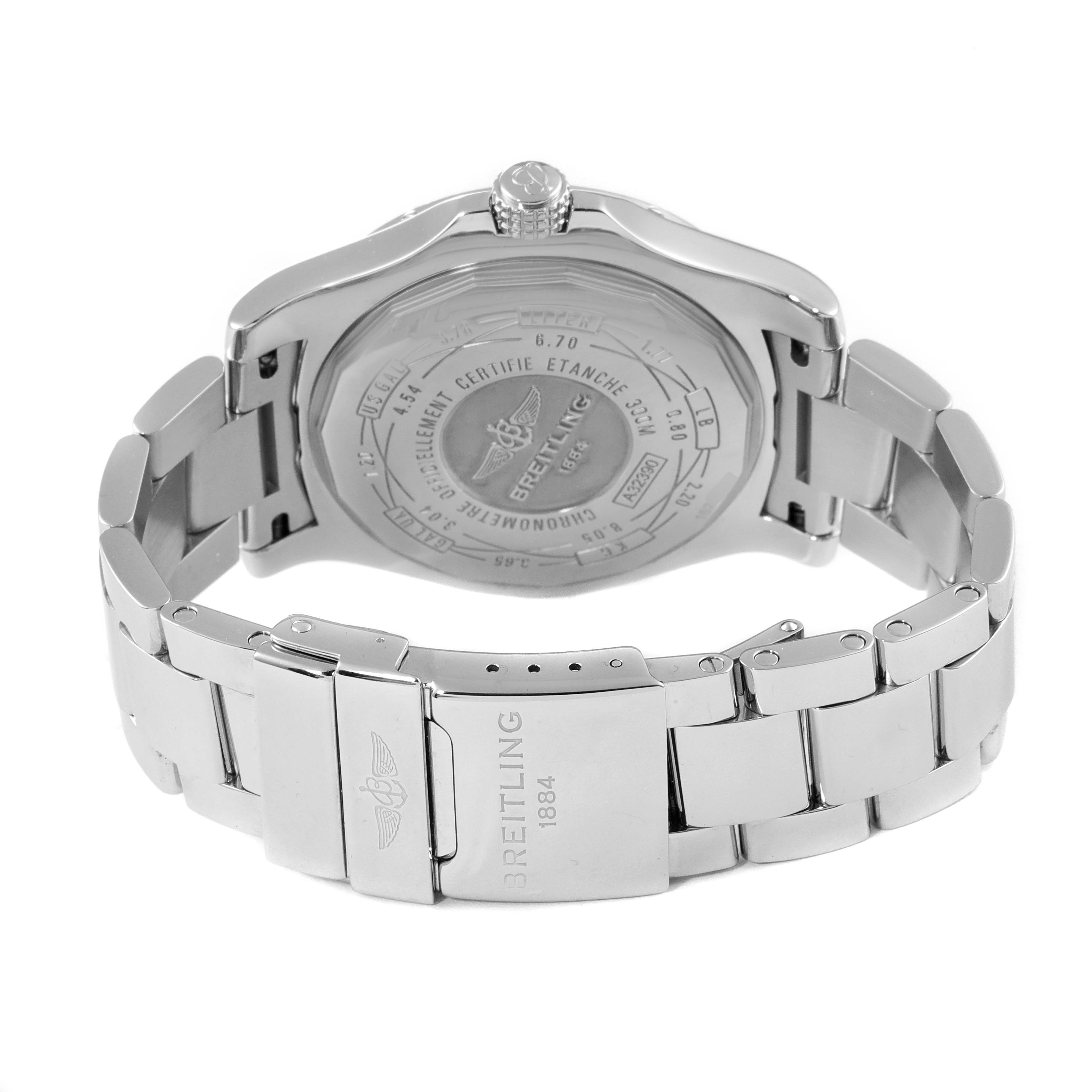 The image shows the back view of a Breitling Avenger A3239011-C872-170A Men's Stainless Steel Black Dial A3239011-C872-170A Men's Stainless Steel Black Dial watch, highlighting the case back and the metal bracelet with a clasp.