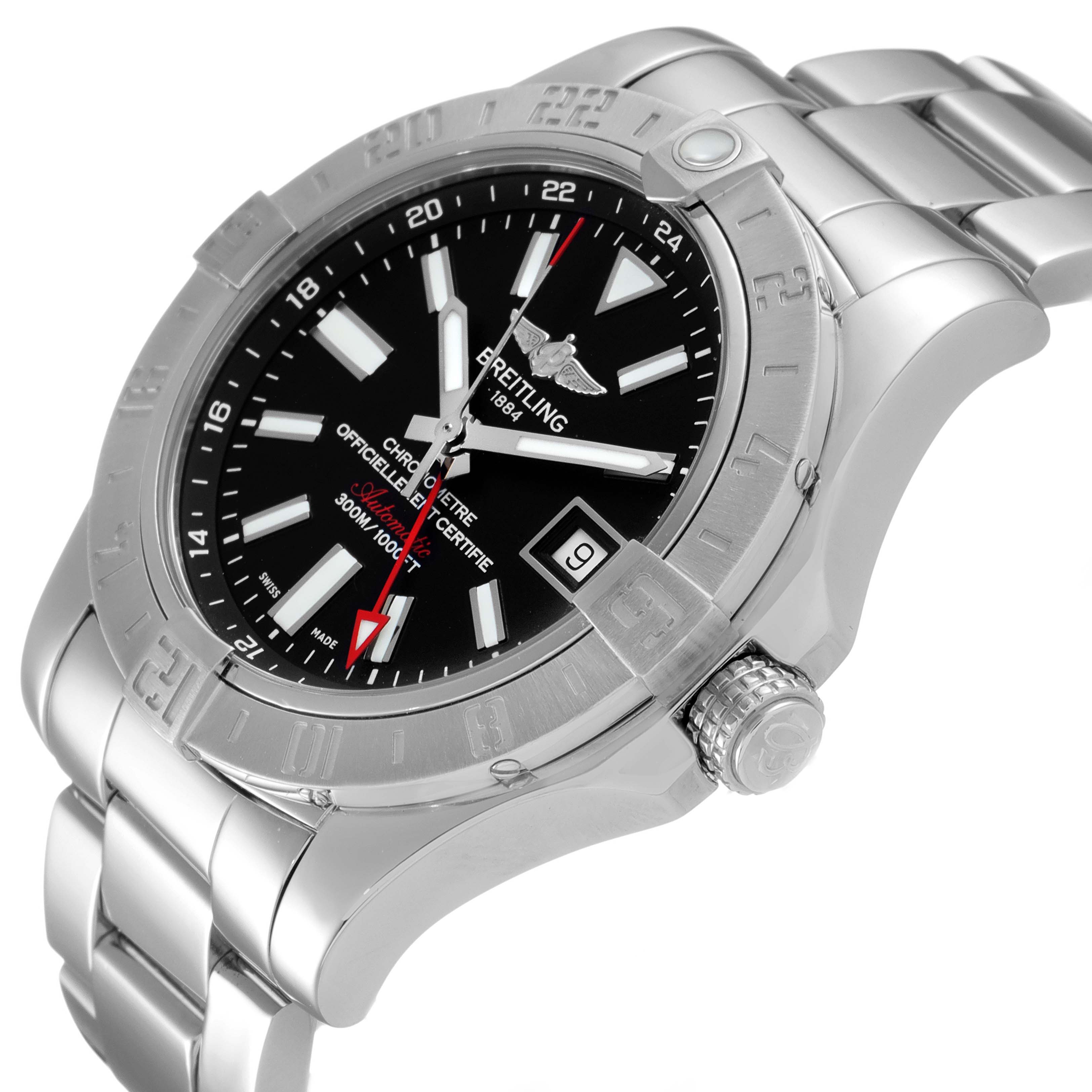 The image shows a Breitling Avenger A3239011-C872-170A Men's Stainless Steel Black Dial A3239011-C872-170A Men's Stainless Steel Black Dial watch angled from the top right, highlighting the dial, bezel, crown, and part of the bracelet.