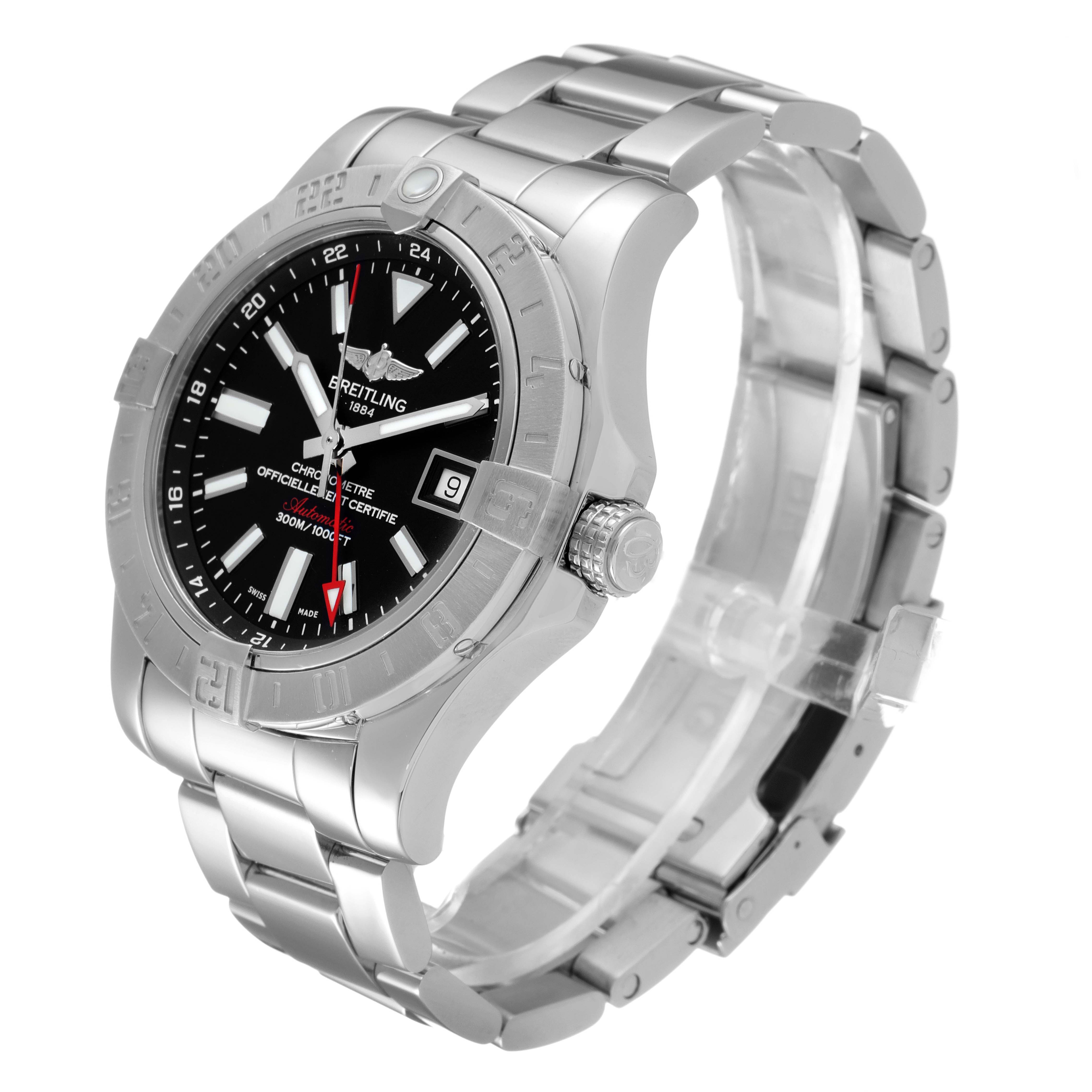 The Breitling Avenger A3239011-C872-170A Men's Stainless Steel Black Dial A3239011-C872-170A Men's Stainless Steel Black Dial watch is shown at a three-quarter angle, highlighting the face, bezel, crown, and bracelet.