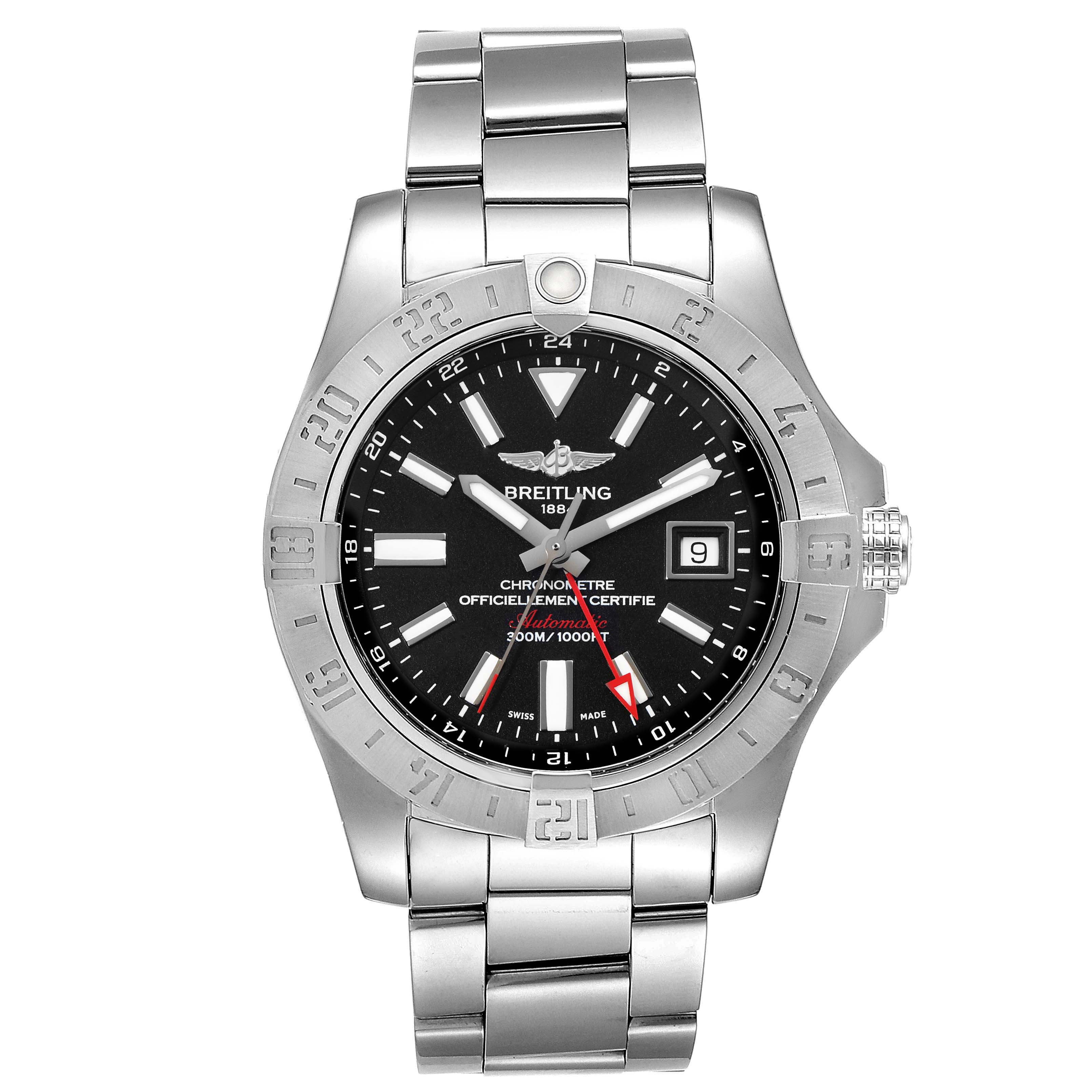 This image shows a front view of a Breitling Avenger A3239011-C872-170A Men's Stainless Steel Black Dial A3239011-C872-170A Men's Stainless Steel Black Dial watch with a metal bracelet, black dial, date display, and rotating bezel.