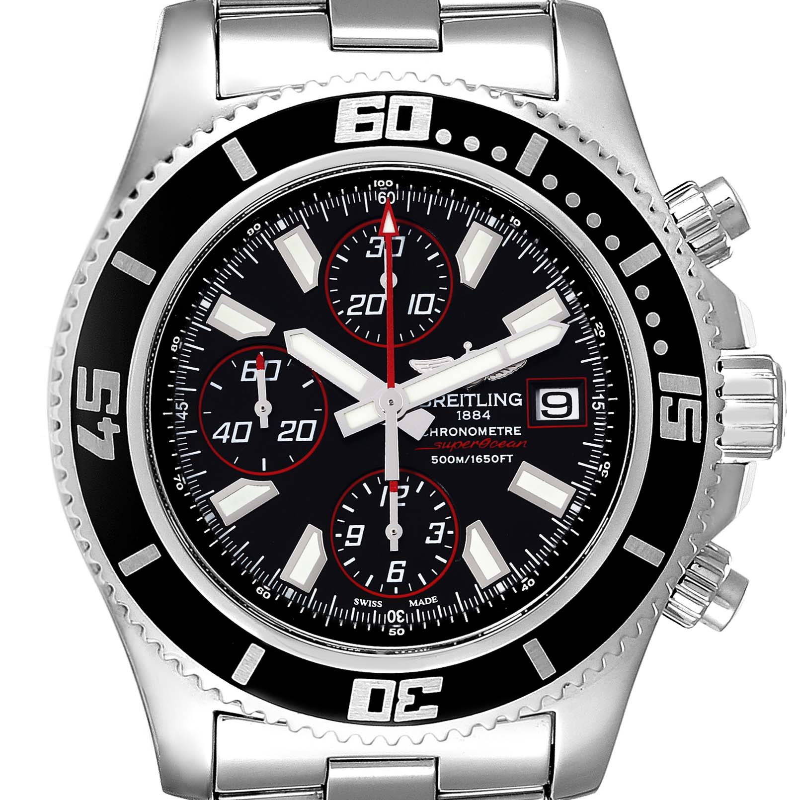 This image shows a front view of the Breitling Superocean A13341 Men's Stainless Steel Black Dial A13341 Men's Stainless Steel Black Dial watch, highlighting the dial, bezel, and part of the bracelet.