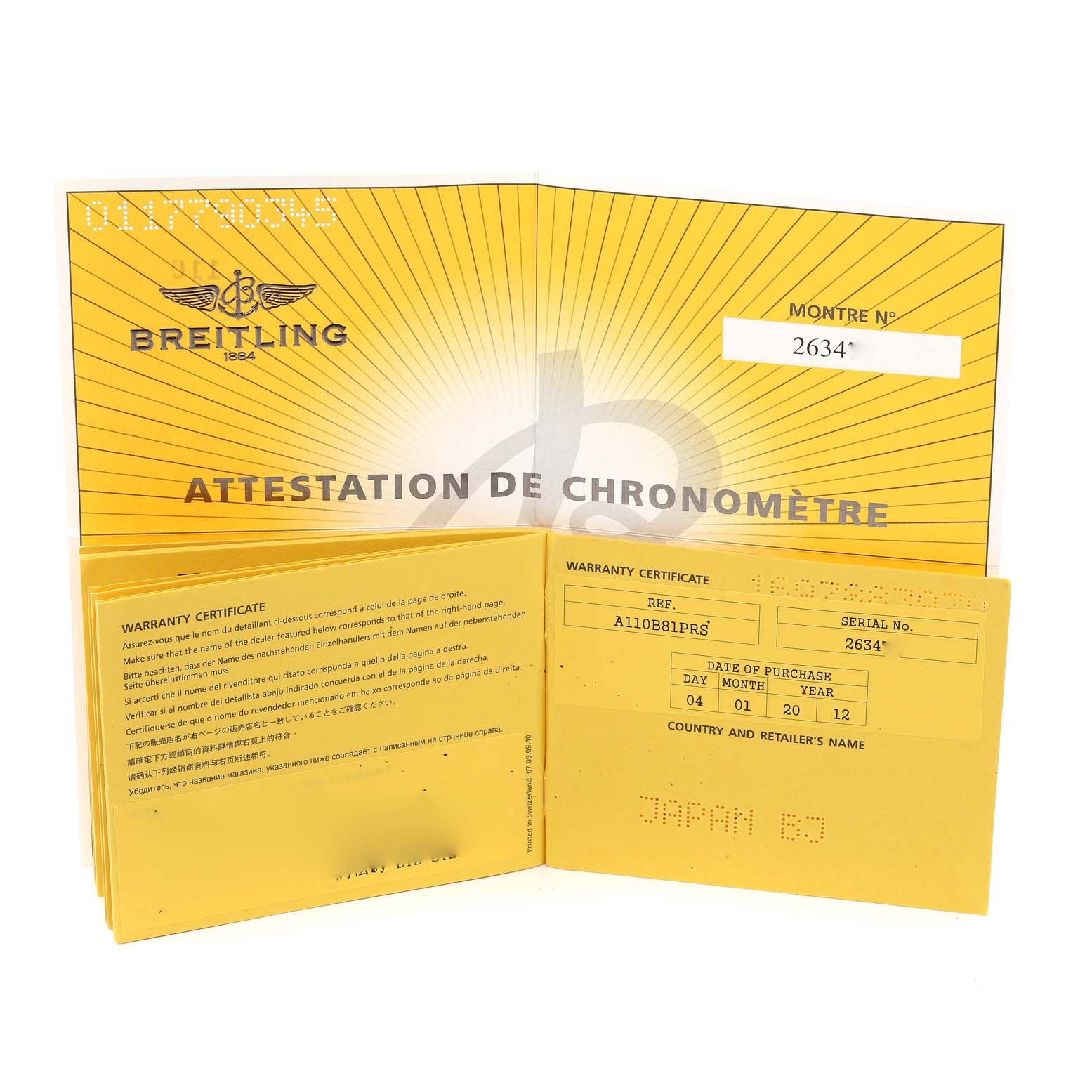 This image shows the warranty certificate and chronometer attestation for a Breitling Superocean A13341 Men's Stainless Steel Black Dial A13341 Men's Stainless Steel Black Dial watch from a frontal angle.