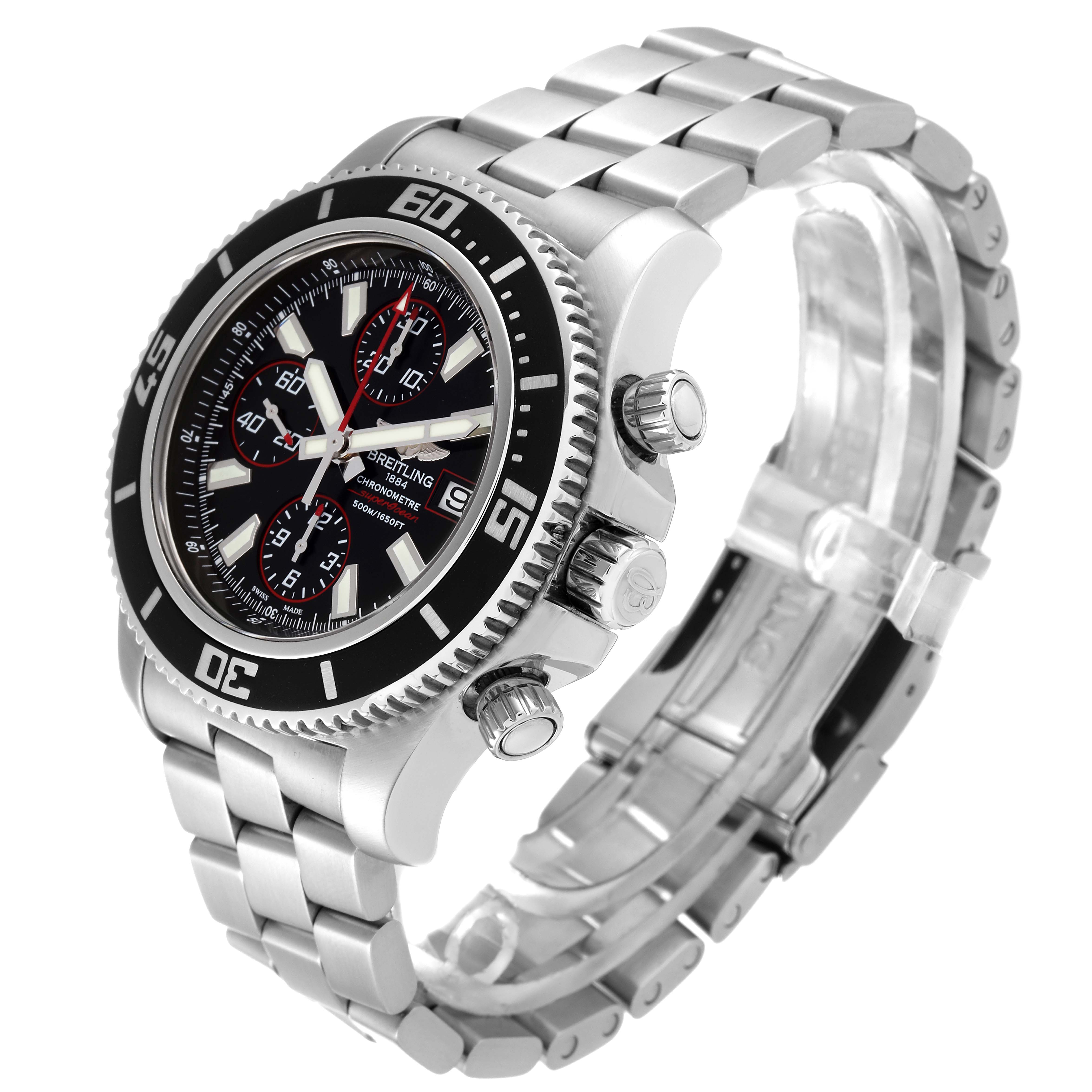 The Breitling Superocean A13341 Men's Stainless Steel Black Dial A13341 Men's Stainless Steel Black Dial watch is shown at a 3/4 angle, highlighting its face, bezel, crown, chronograph pushers, and metal bracelet.