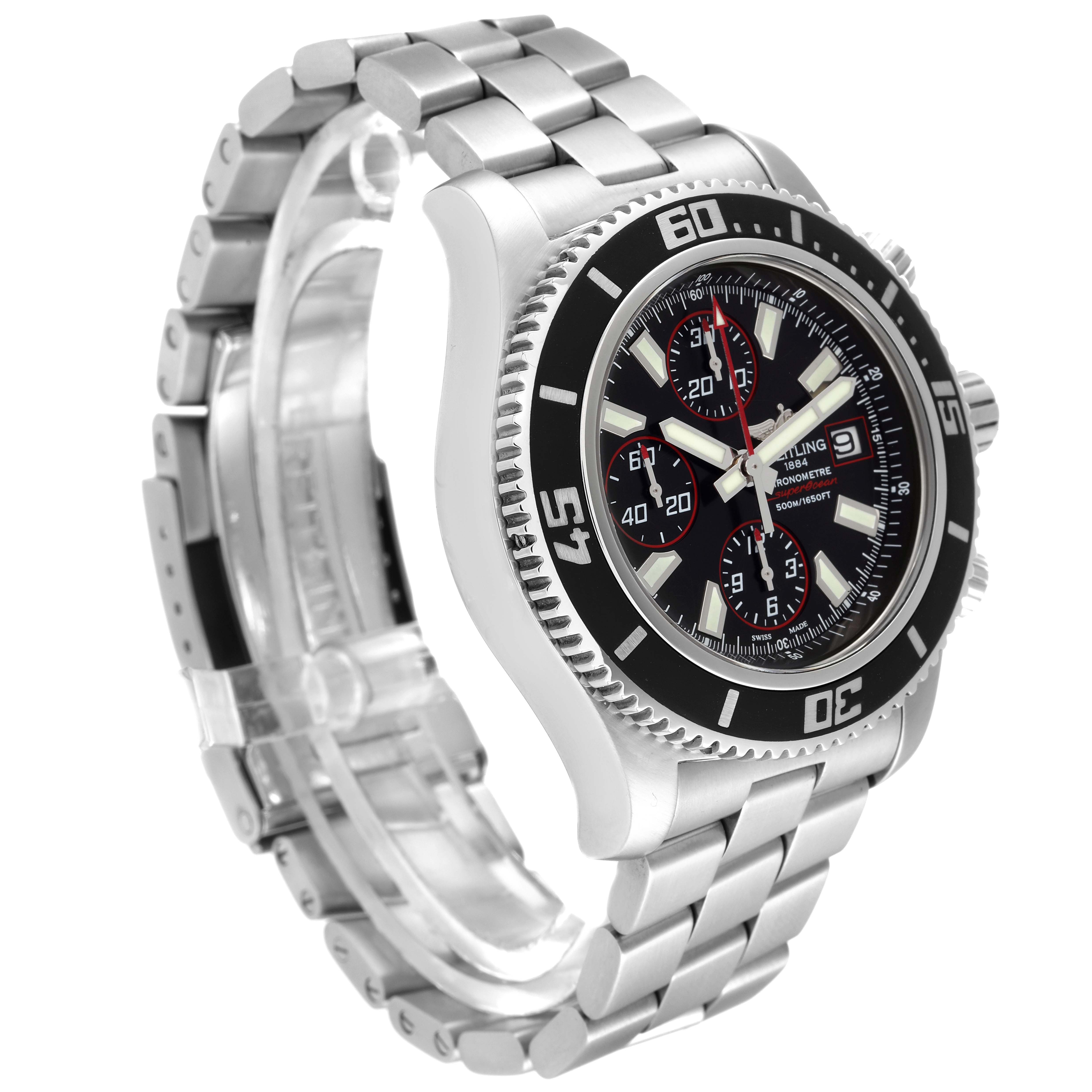 The image shows a side and front view of the Breitling Superocean A13341 Men's Stainless Steel Black Dial A13341 Men's Stainless Steel Black Dial watch, highlighting the bezel, dial, and stainless steel bracelet.