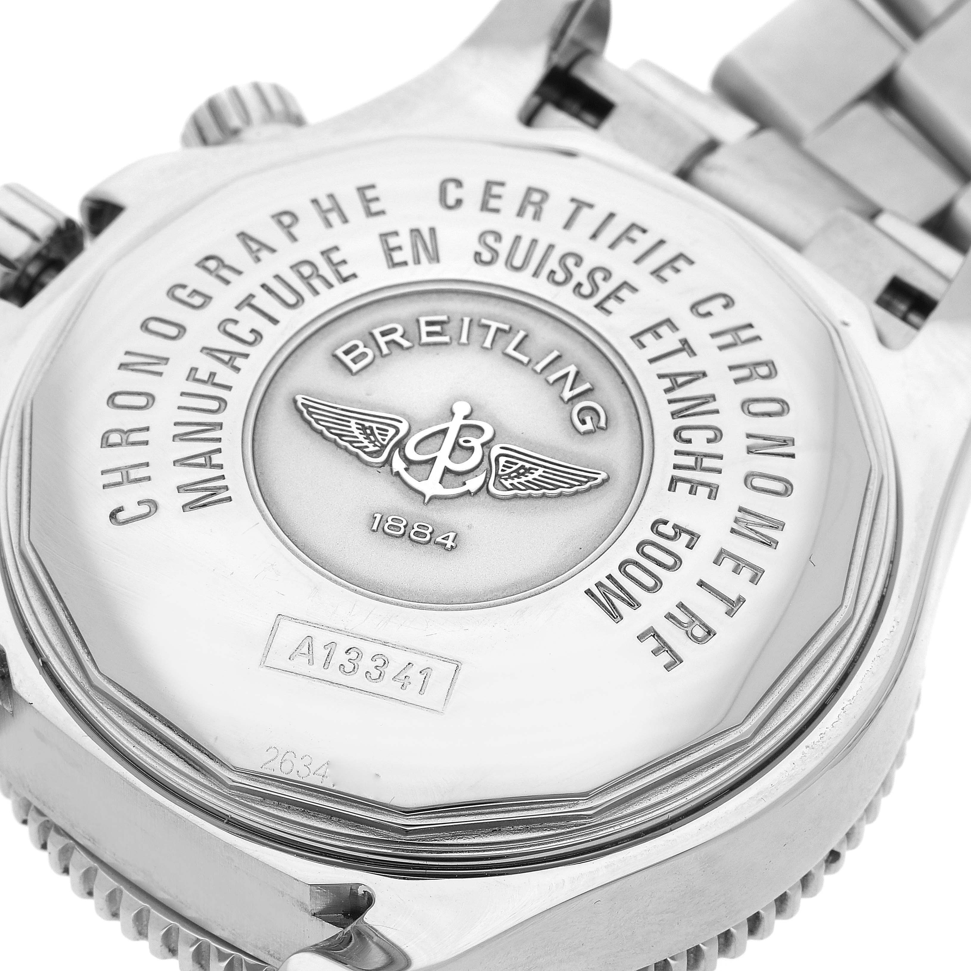 The image shows the back of a Breitling Superocean A13341 Men's Stainless Steel Black Dial A13341 Men's Stainless Steel Black Dial watch, highlighting its engraved details and stainless steel bracelet.