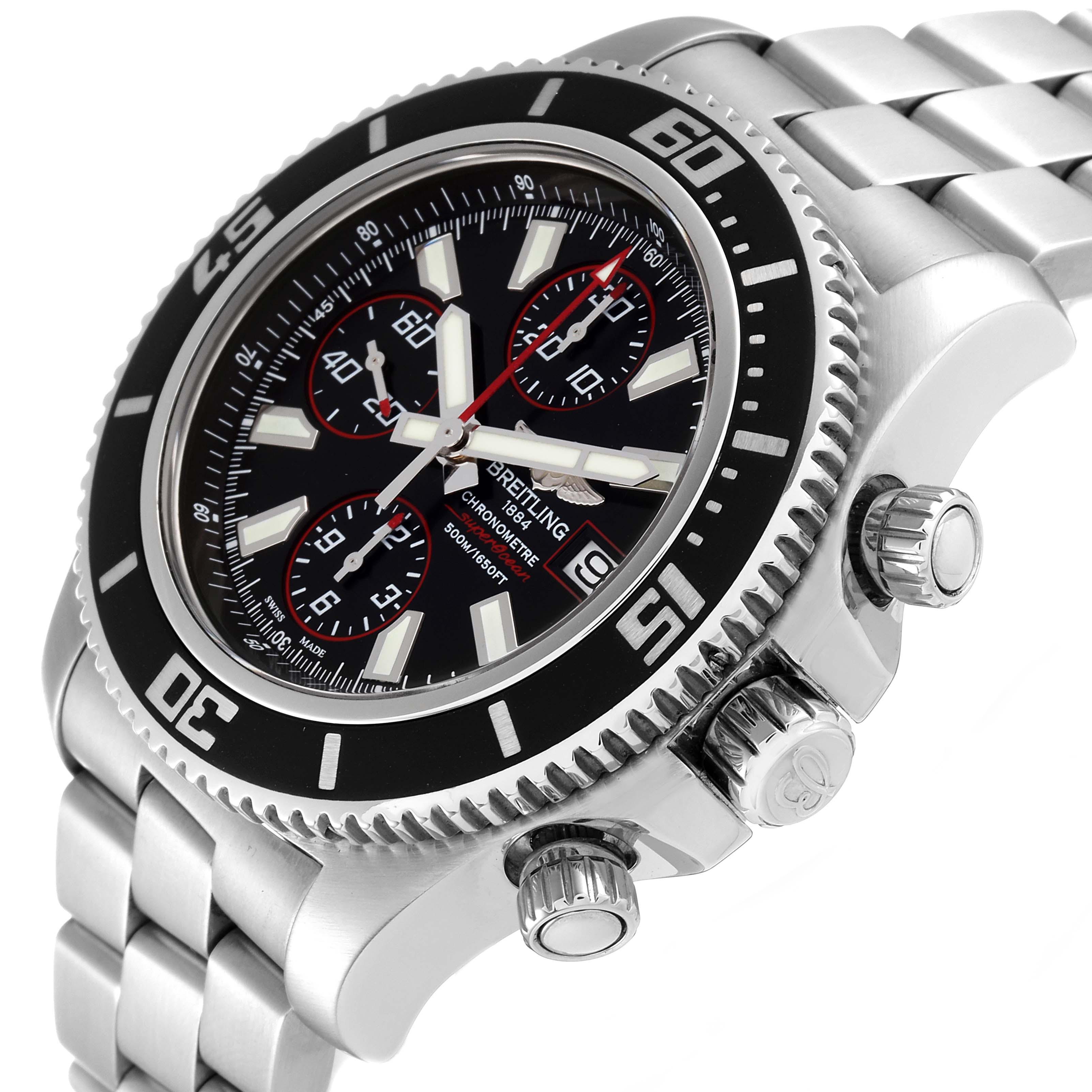 The image shows a Breitling Superocean A13341 Men's Stainless Steel Black Dial A13341 Men's Stainless Steel Black Dial watch at an angle highlighting the crown, chronograph pushers, and part of the bracelet.